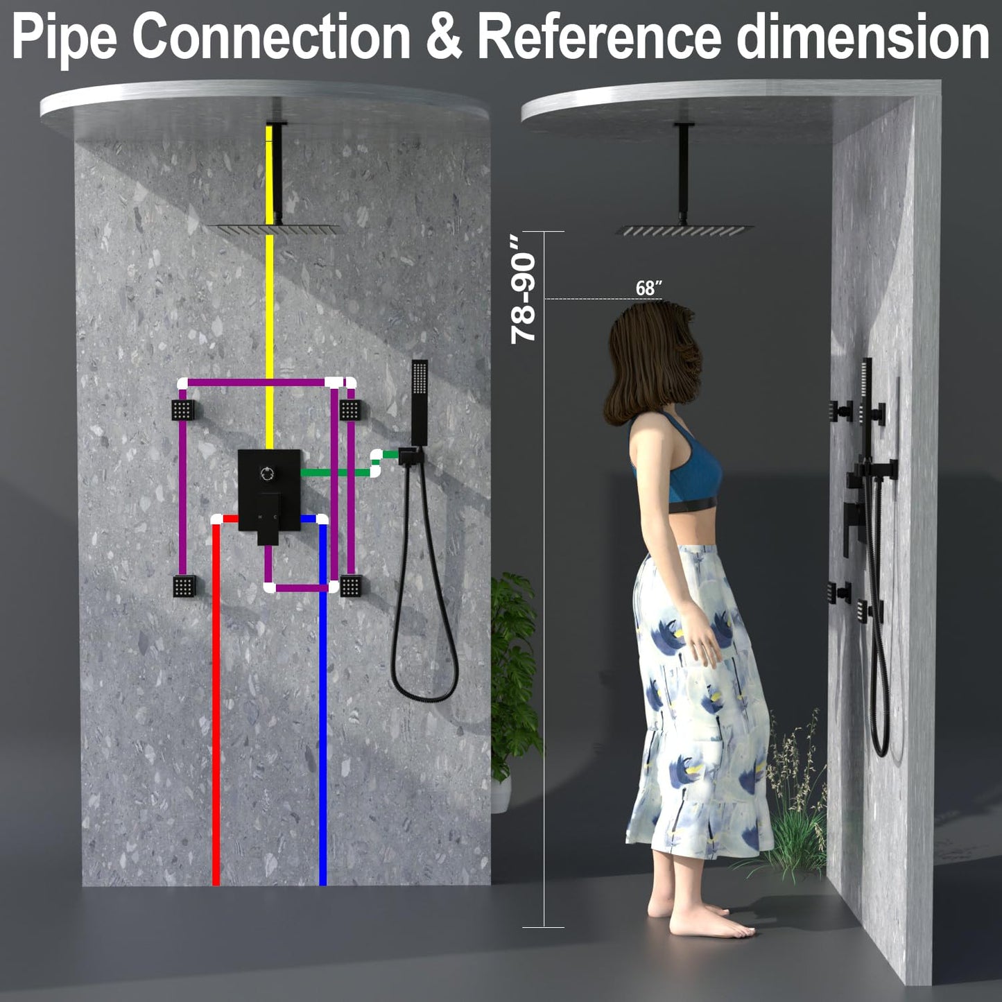 Enga 12 Inch Ceiling Mount Matte Black Shower System with Body Jets Bathroom Luxury Rain Mixer Shower Combo Set Ceiling Rainfall Shower Jets System Faucet Rough-in Valve and Trim Included
