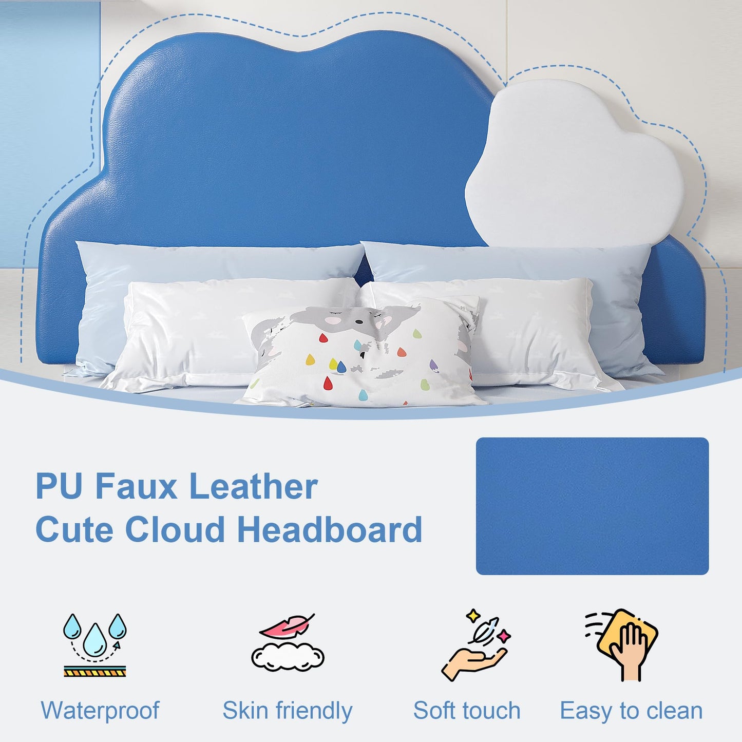 VECELO Twin Upholstered Bed Frame for Kids, Platform Bed Frames with Cloud-Shaped Headboard, Large Storage Drawer, Wooden Slats Support, Noise-Free, Blue