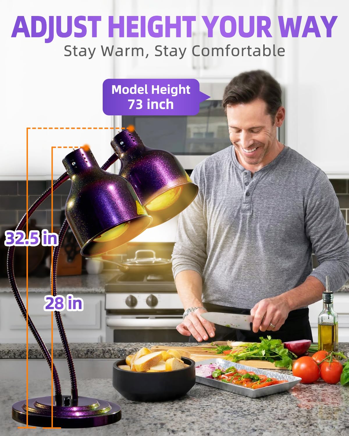 RVGMBO Food Heat Lamp - [3 Bulbs Included] [Rapid-Heating], 500W Commercial Food Warmer Light, Heat Lamp for Food Catering Warming Lamp for Buffet Parties, Purple-Green Gradient