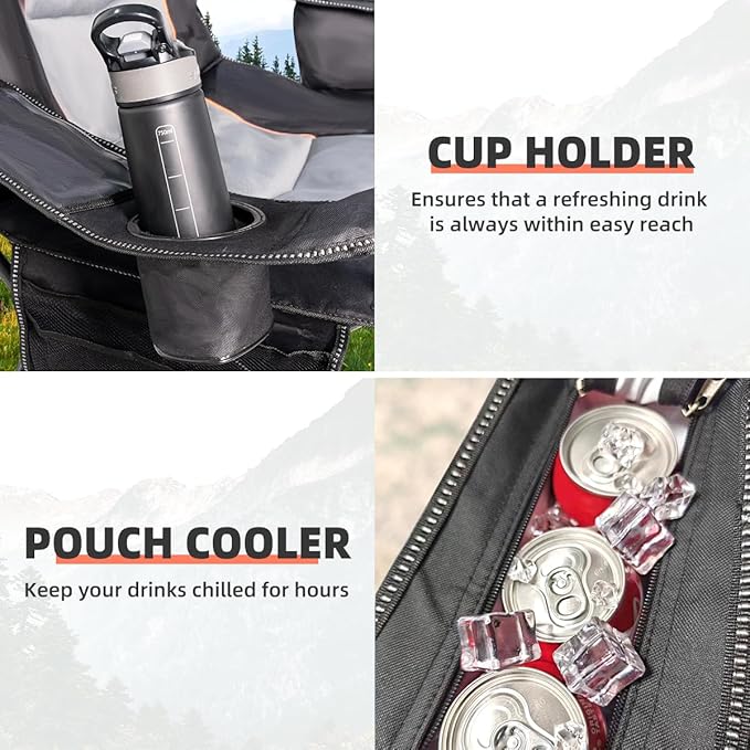 Foristrail Camping Chair Oversized Folding Outdoor Camping Chair with Cooler Bag, Cup Holder & Waterproof Phone Case, Portable for Hiking/Beach,500LB (Black & Light Gray)