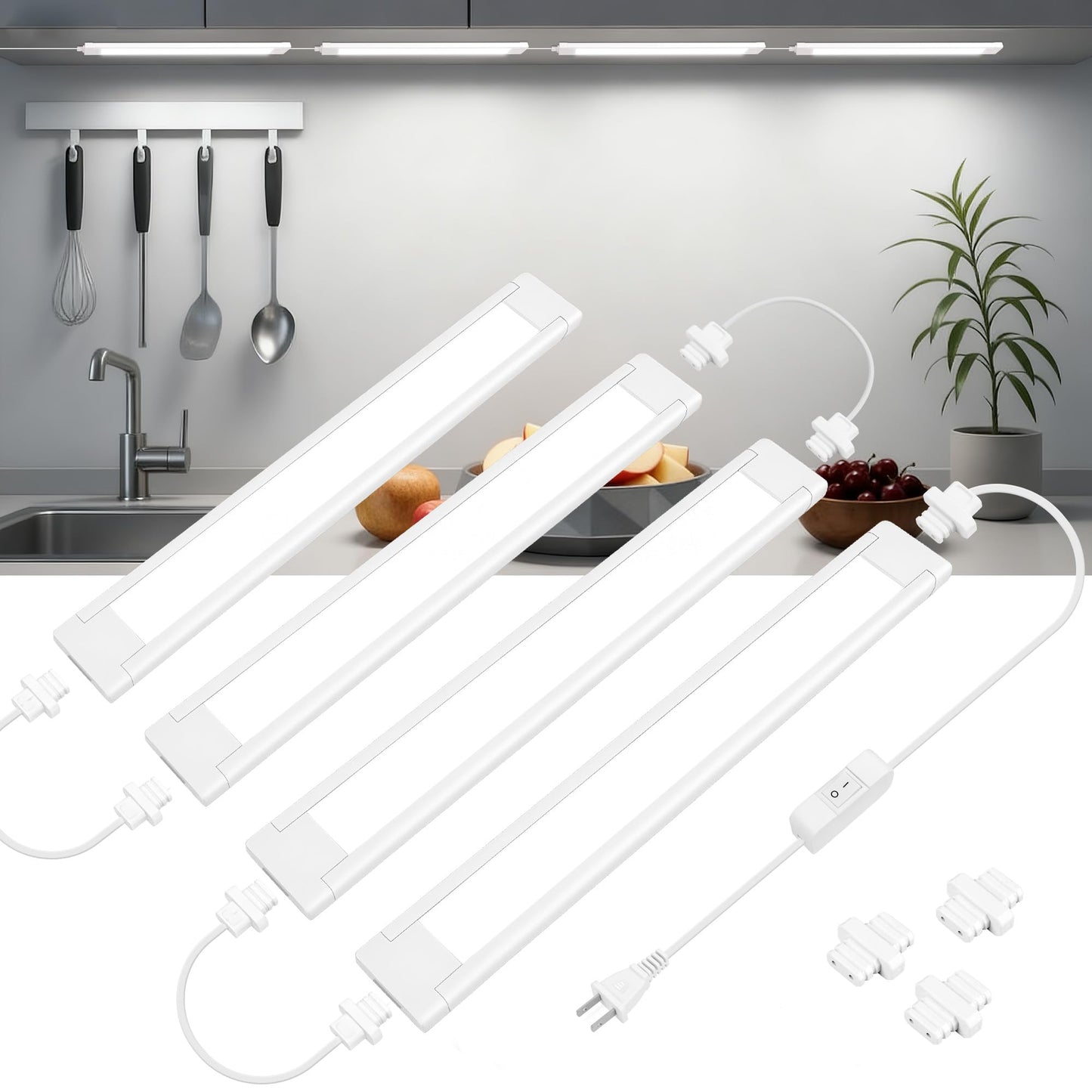 maylit Under Cabinet Lighting Plug in, 4 Pcs 14 Inch Linkable Ultra Bright LED Light Bars, Renter Friendly Lamp, Wired Indoor Lights for Kitchen Cabinet, Counter, Workbench, Desk, Shelf, Cool White