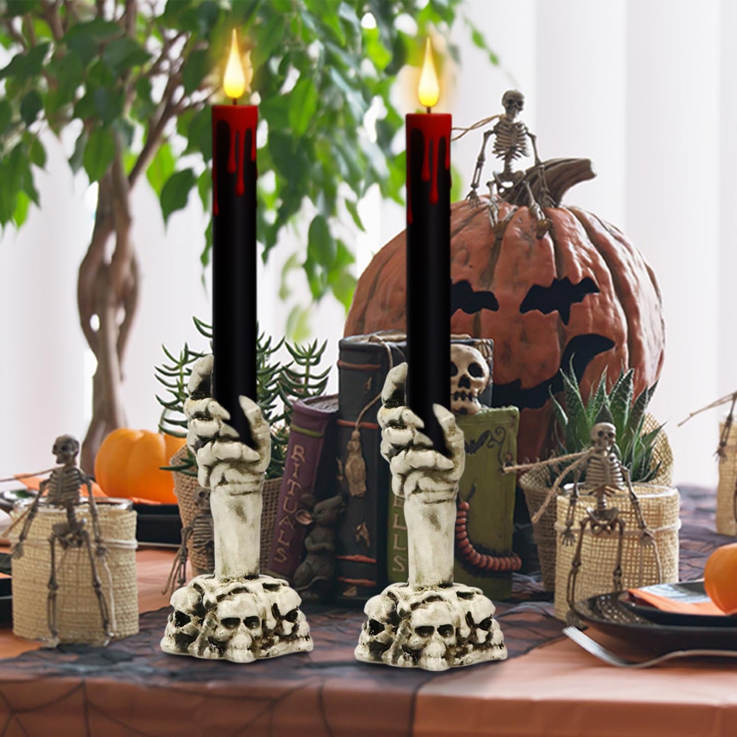 Eldnacele Halloween Flameless Taper Candle Lights Battery Operated with Remote and Timer, 2 Pack Skeleton Hand Holders Black Dripping Wax Effect LED Flickering Candles Home Decor(3” x 12”)
