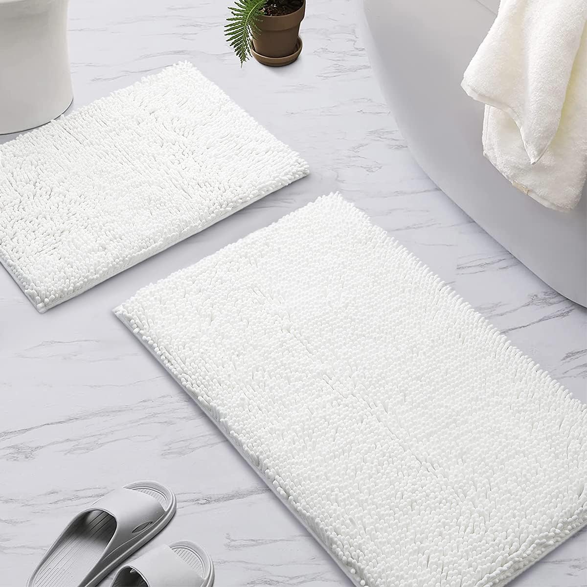 SONORO KATE Bathroom Rug,Non-Slip Bath Mat,Soft Cozy Shaggy Thick Bath Rugs for Bathroom,Plush Rugs for Bathtubs,Water Absorbent Rain Showers and Under The Sink (White, 17" x 47" Plus 17" x 24")