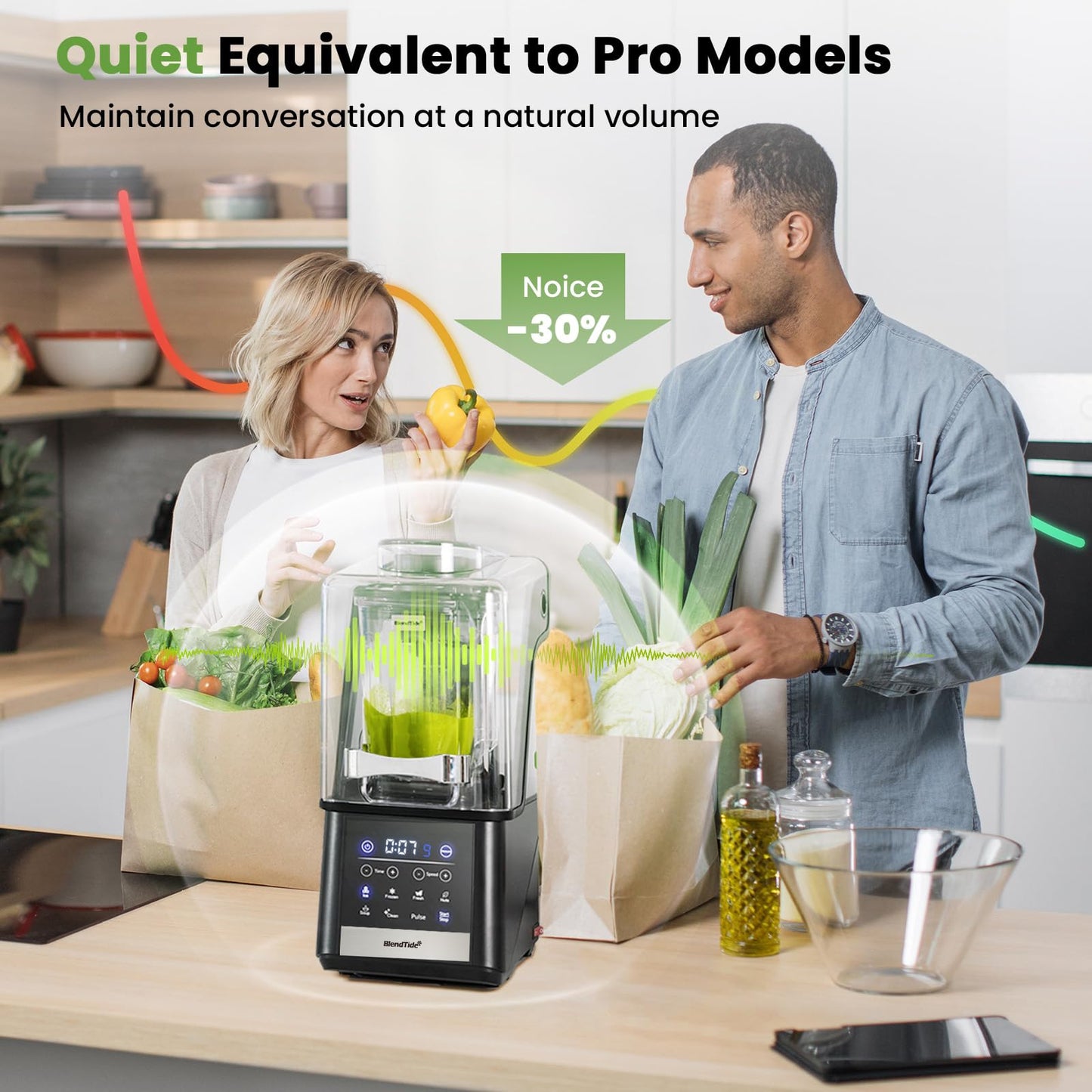 BlendTide Professional Blender 64oz, 1500W Vacuum Blender for Less Foam, Commercial Quiet Shield, Kitchen Timer, Self-Cleaning, 9 Speeds, 6 Presets for Smoothies, Frozen Drinks, Nut & Seed Blends