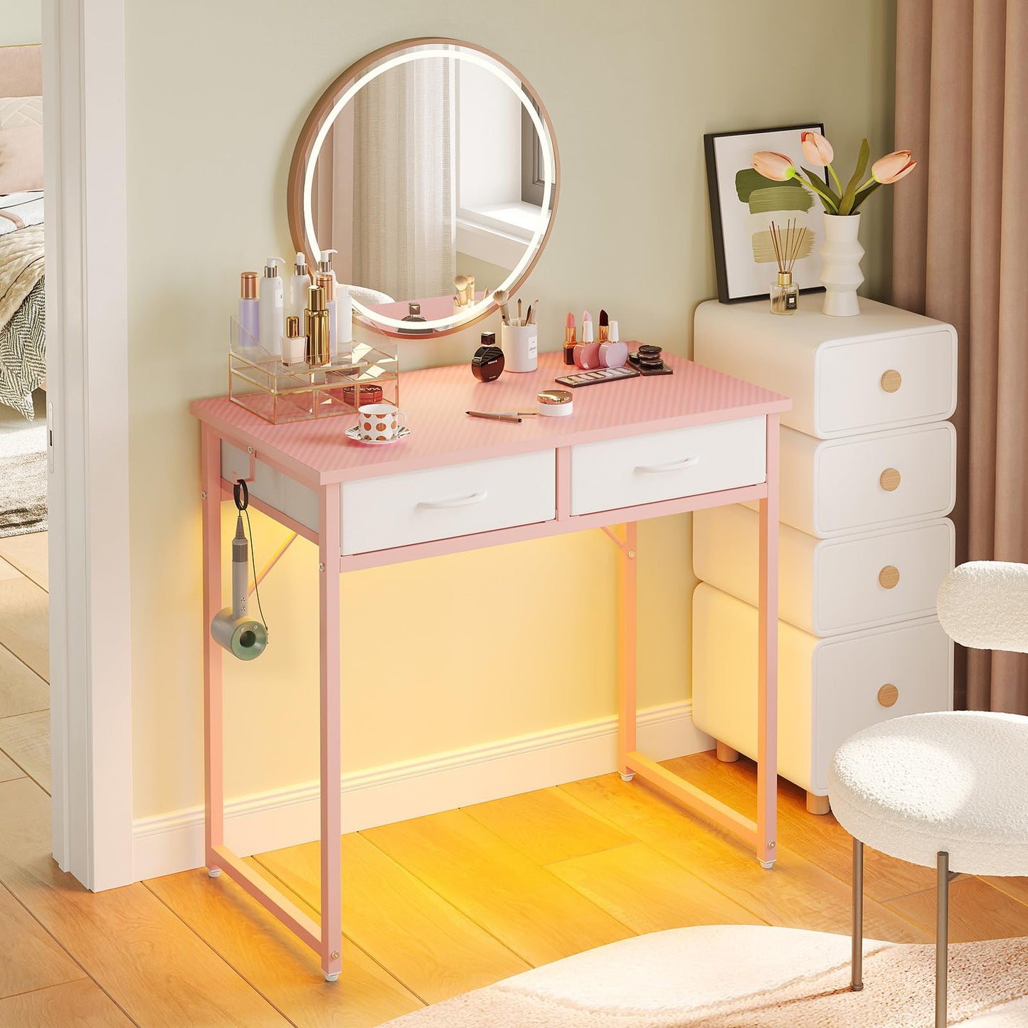 Pinmoco Small Desk with 2 Fabric Storage Drawers, Vanity Desk with LED Light, Home Office Computer Desk for Bedroom Small Spaces, Adjustable Feet, Pink