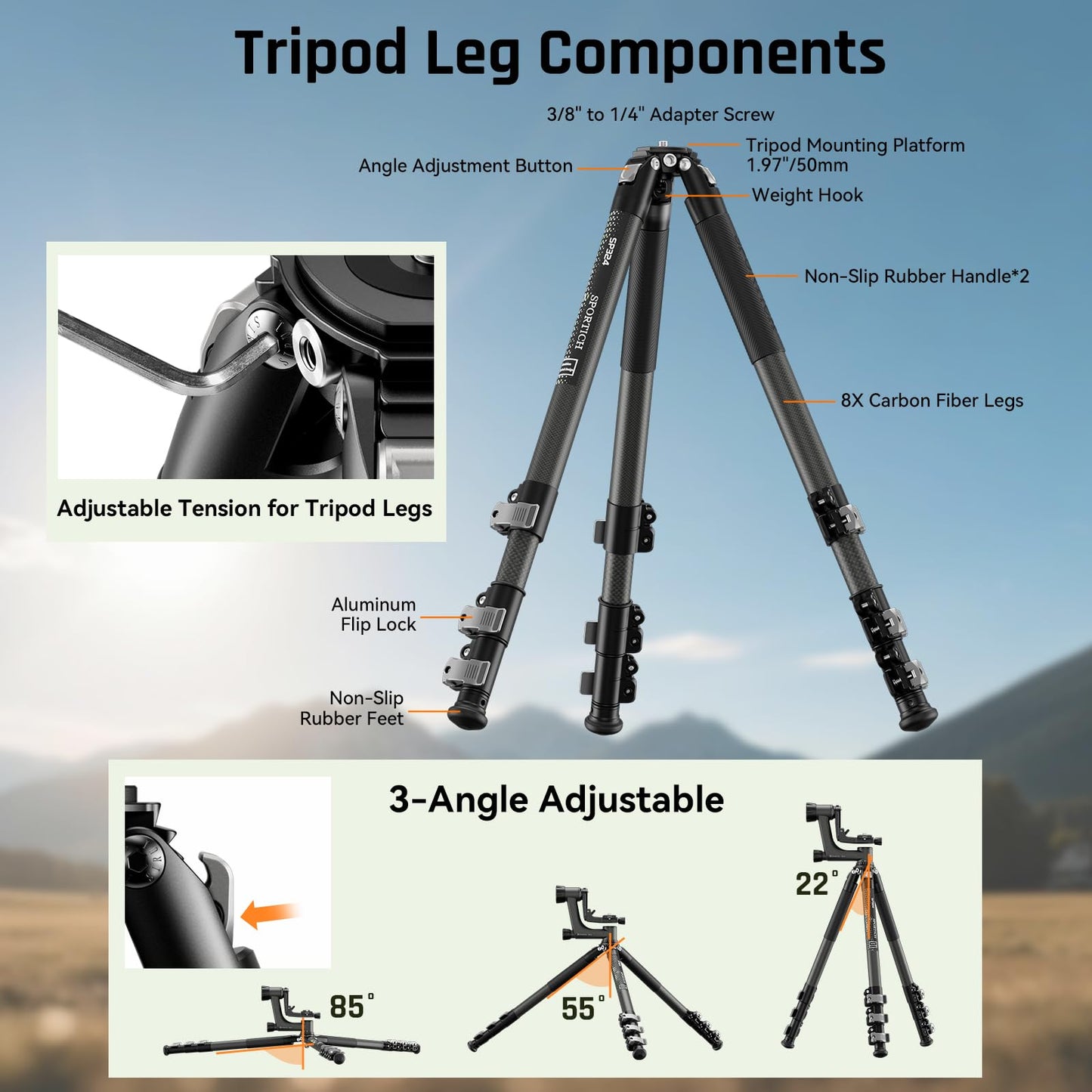 Sportich Heavy Duty SP324 Carbon Fiber Tripod and BH-10 Gimbal Head Kit, Professional for Landscape, Wildlife, Bird Photography, Sports, Long Telephoto, Video Tracking, Supports up to 33lbs/15kg
