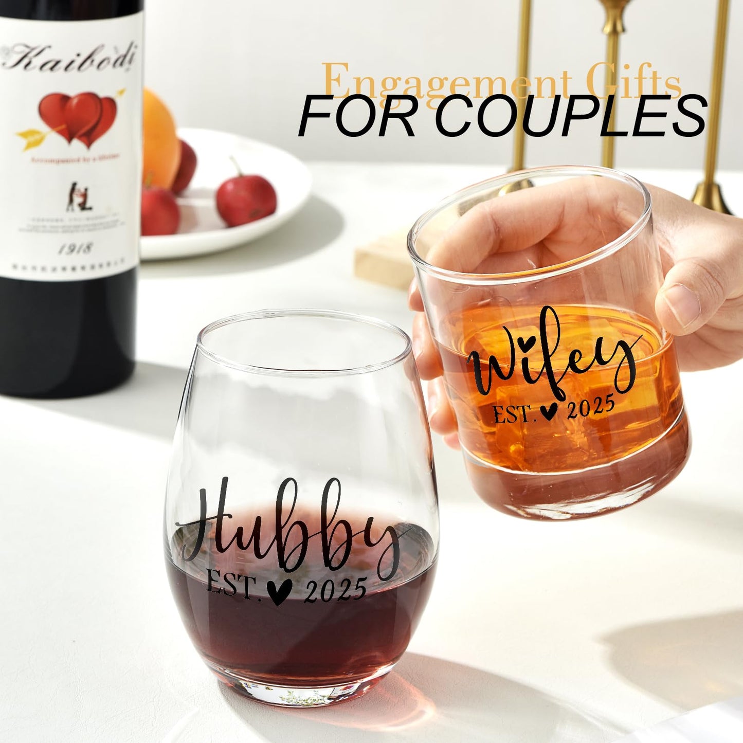 Jacriah Wedding Gifts for Couples - Hubby & Wifey EST 2025 Wine and Whiskey Glass Set - Engagement, Bridal Shower Gift for Newlyweds Mr. Mrs.