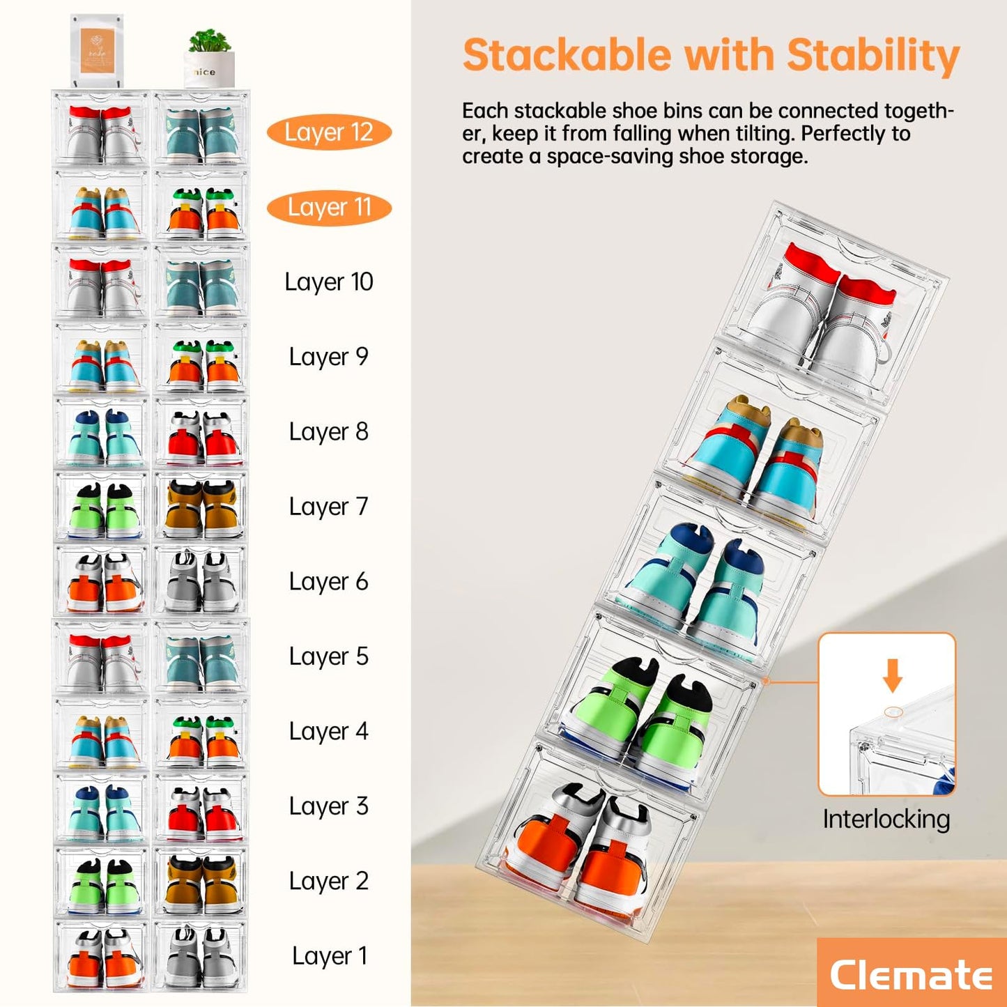 Clemate Upgraded X-Large Shoe Organizer,Shoe Storage Organizer,12 Pack,Shoe Box Clear Plastic Stackable,Drop Front Shoe Box with Clear Door, Shoe Containers For Sneaker Display,Fit up to US Size13