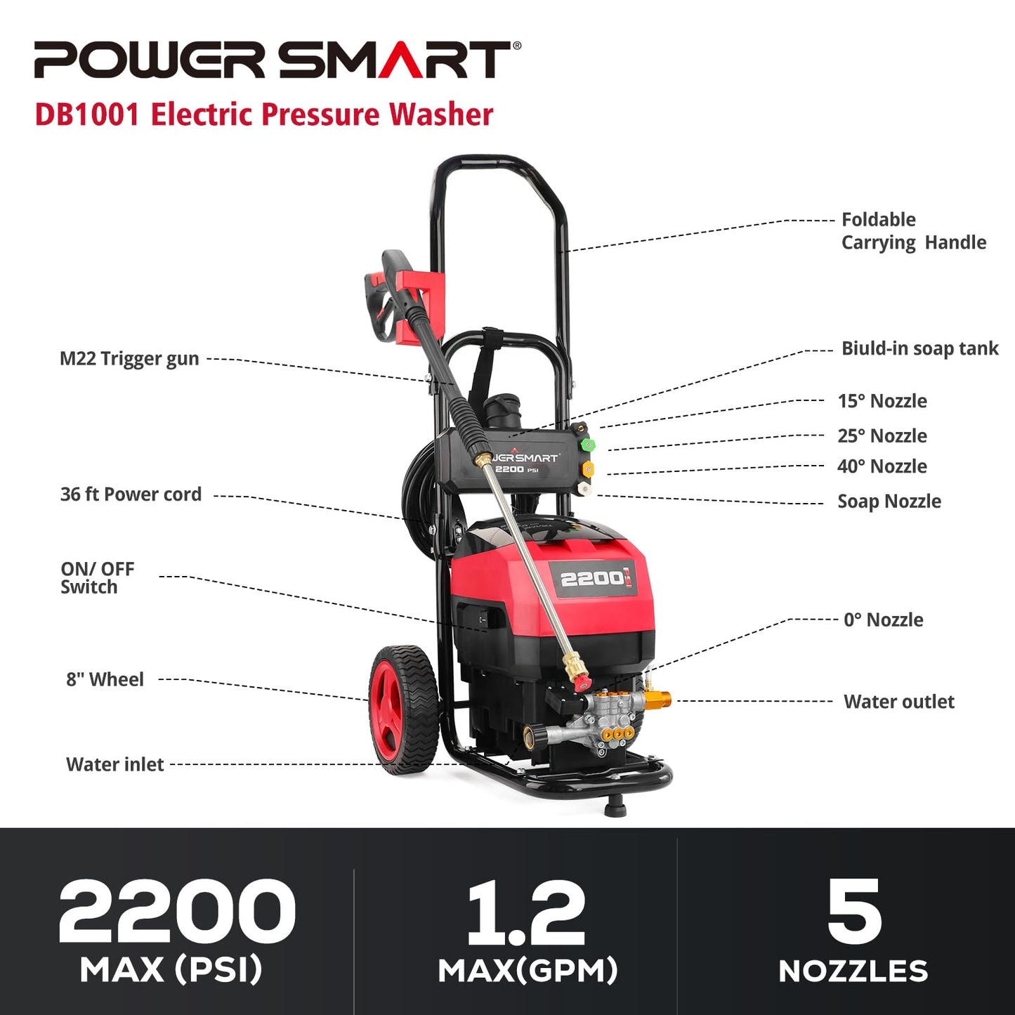 PowerSmart Electric Pressure Washer 1.2 GPM with Onboard Soap Tank, Metal Spray Wand, 5 Nozzle Set for Cars, Patio, Decks, and Fences (DB1001)