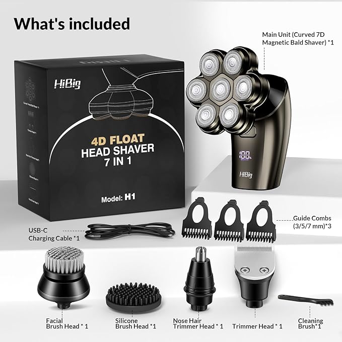 7D Arc Electric Shaver for Head & Body, 5-in-1 Upgraded Electric Razor for Men, Waterproof Wet/Dry Detachable Head Shaver, LED Display Rechargeable Electric Shaving & Grooming Kit, Dark Gray
