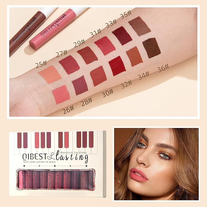 12Pcs Nude Matte Liquid Lipstick Set, Waterproof Long Lasting Non-Stick Cup Nude Brown Dark Red Lipstick 24 Hour Not Fade Matte Lipstick Professional Lip Gloss Makeup Christmas Gifts for Women (Set C)