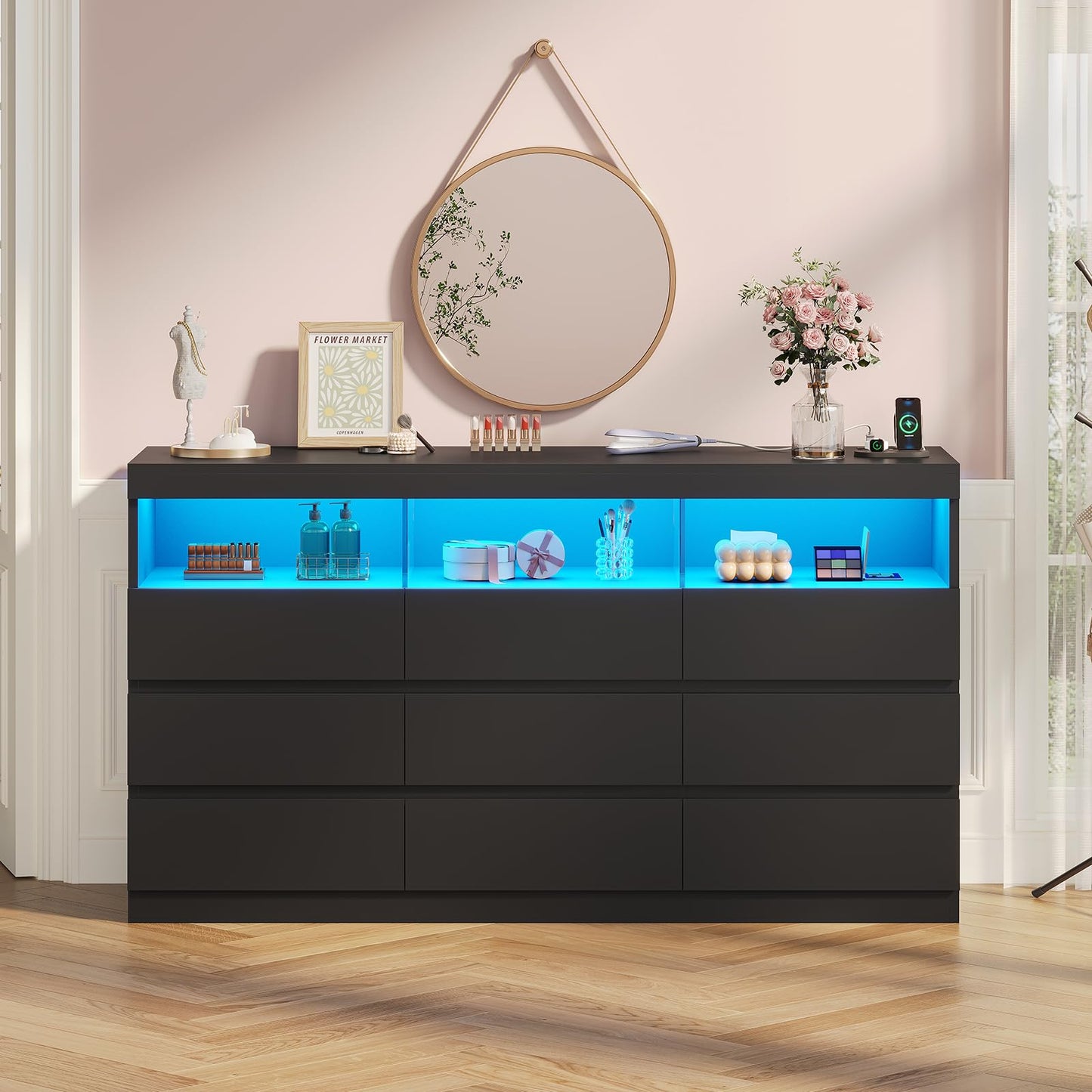 BTHFST 9 Drawer Dresser Chest of Drawers with RGB Lights, Power Outlet & Open Shelves, 56.7" W Wood Bedroom Dresser, No-Handle for Living Room Entryway, Black