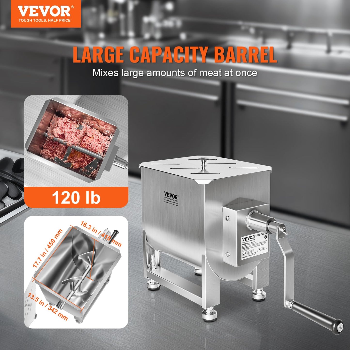 VEVOR Manual Meat Mixer, 120 Pound Capacity Tank Meat Processing Equipment, Stainless Steel Meat Mixer, Sausage Mixer Machine with Lid and Handle, Ground Beef Hand Mixer, Silver