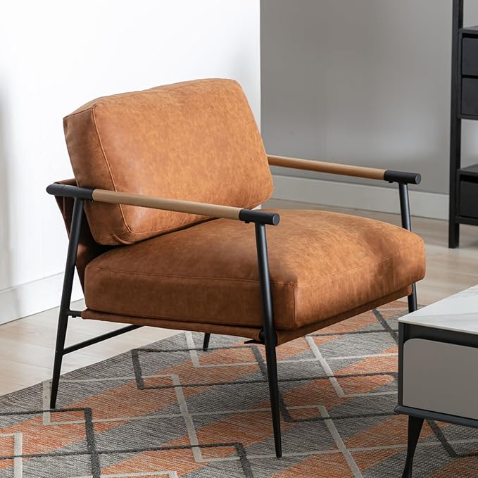 HEAH-YO Modern Accent Chair Set of 1, PU Faux Leather Living Room Chair with Backrests and Metal Legs, Comfy Reading Side Armchair for Bedroom, Brown