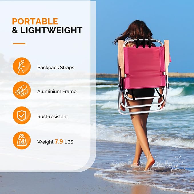 VINGLI Aluminum 17" Backpack Beach Chair – Tall Beach Chairs for Adults, Portable with Adjustable Straps, 3-Position Reclining, Cup Holder, High Lightweight Beach Chairs for Beach