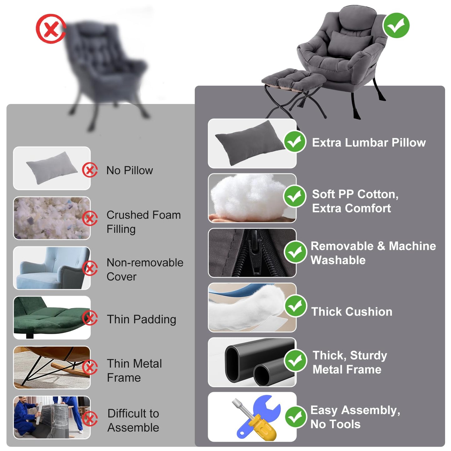 DreamNook Lazy Chair with Ottoman, Modern Accent Chair with Lumbar Pillow, Dark Grey Sofa, Armchairs with Folding Footrest, Oversized Supportive Chairs for Bedroom, Reading