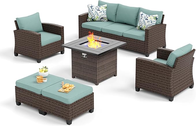 SUNSHINE VALLEY Patio Furniture Set Outdoor Furniture Brown Wicker Rattan Patio Conversation Sets with Cushion Outside Sofa Set,5 Pieces with Firepit Table,7 Seats,Blue