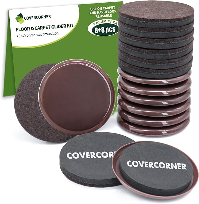 COVERCORNER Furniture Sliders for Hardwood Floors, Furniture Sliders for Carpeted Floors, 16 PCS 3 1/2 inch Combo Pack, Sliders for Moving Furniture, Furniture Movers Sliders, Brown