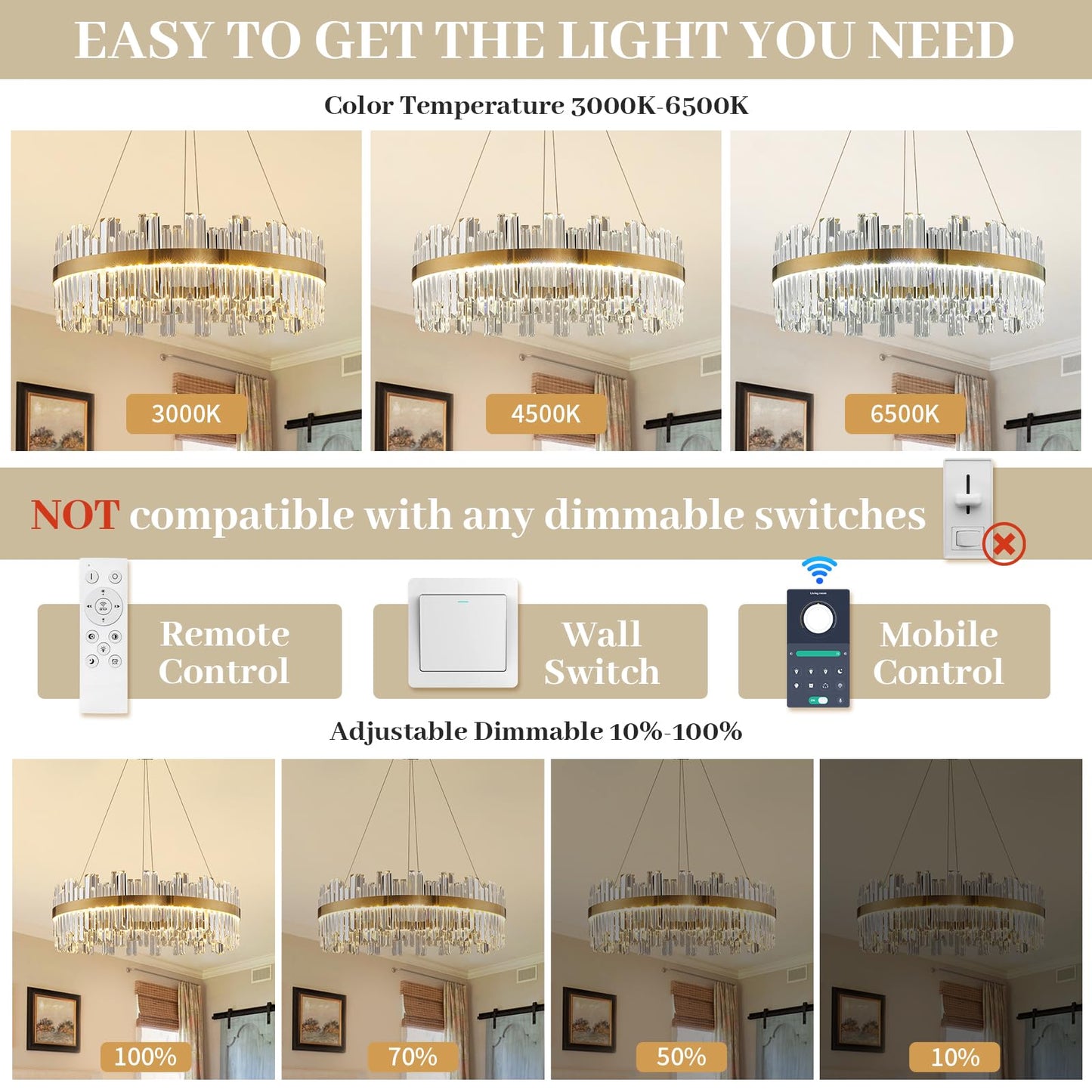 23.6" Dimmable Modern LED Crystal Chandeliers,Gold Chandelier Light Fixture, 3 Colors Contemporary Pendant Ceiling Light for Dining Room Living Room Kitchen Island Entryway Foyer ,With Remote Control