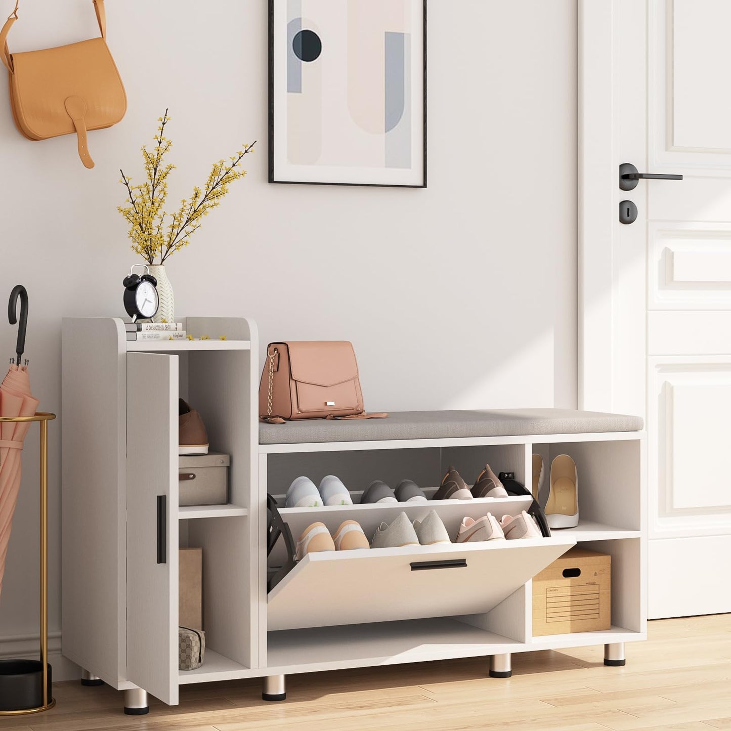 Maupvit Shoe Storage Bench with Flip Drawer Shoe Cabinet, 8 Adjustable Metal Feet, White