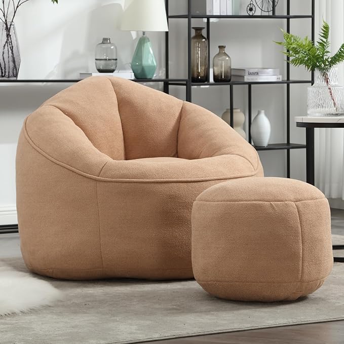 Bean Bag Chairs, Gaint Bean Bag Couch with Memory Foam for Adults and Kids, Microfiber Upholstered Sofa with Ottoman, Comfy Lazy Bean Bag Reading Chair for Living Room