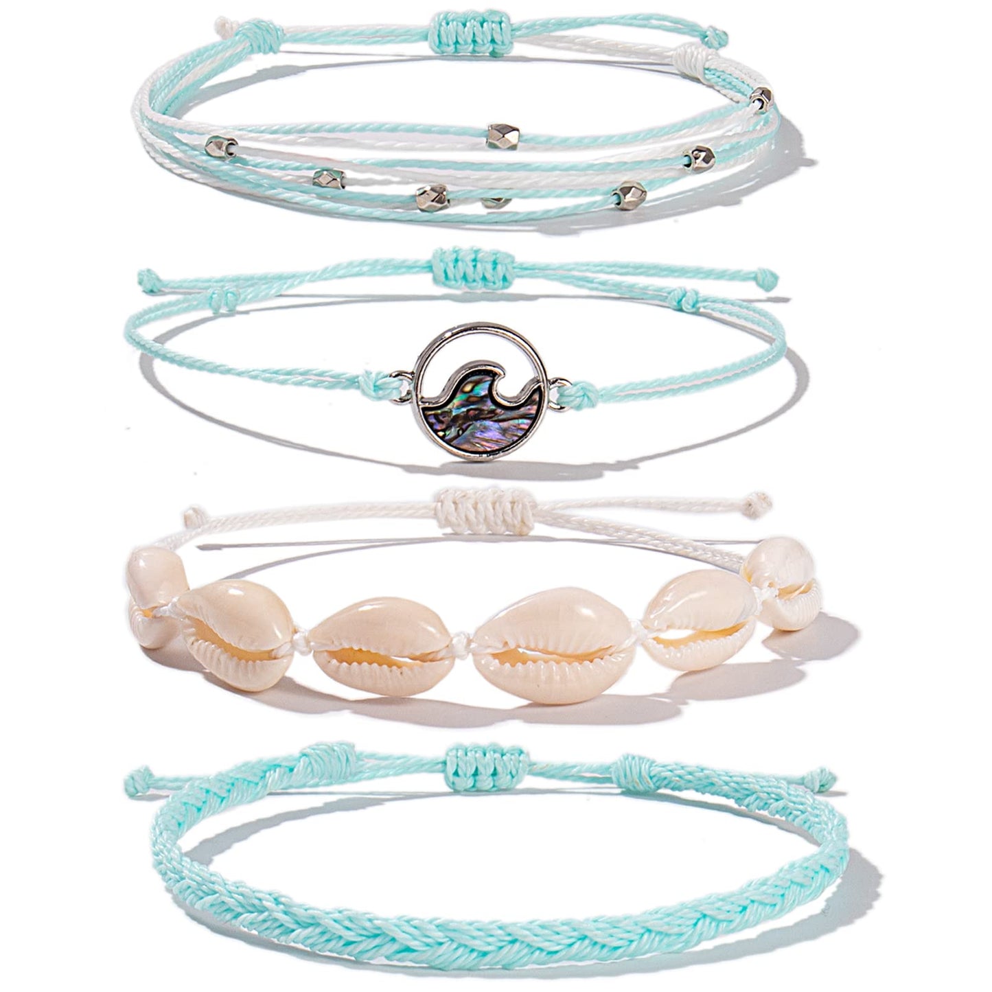FANCY SHINY Wave String Bracelets Braid Puka Shell Bead Bracelets Handmade Cute Trendy Boho Abalone Jewelry Gifts for Women(Teal