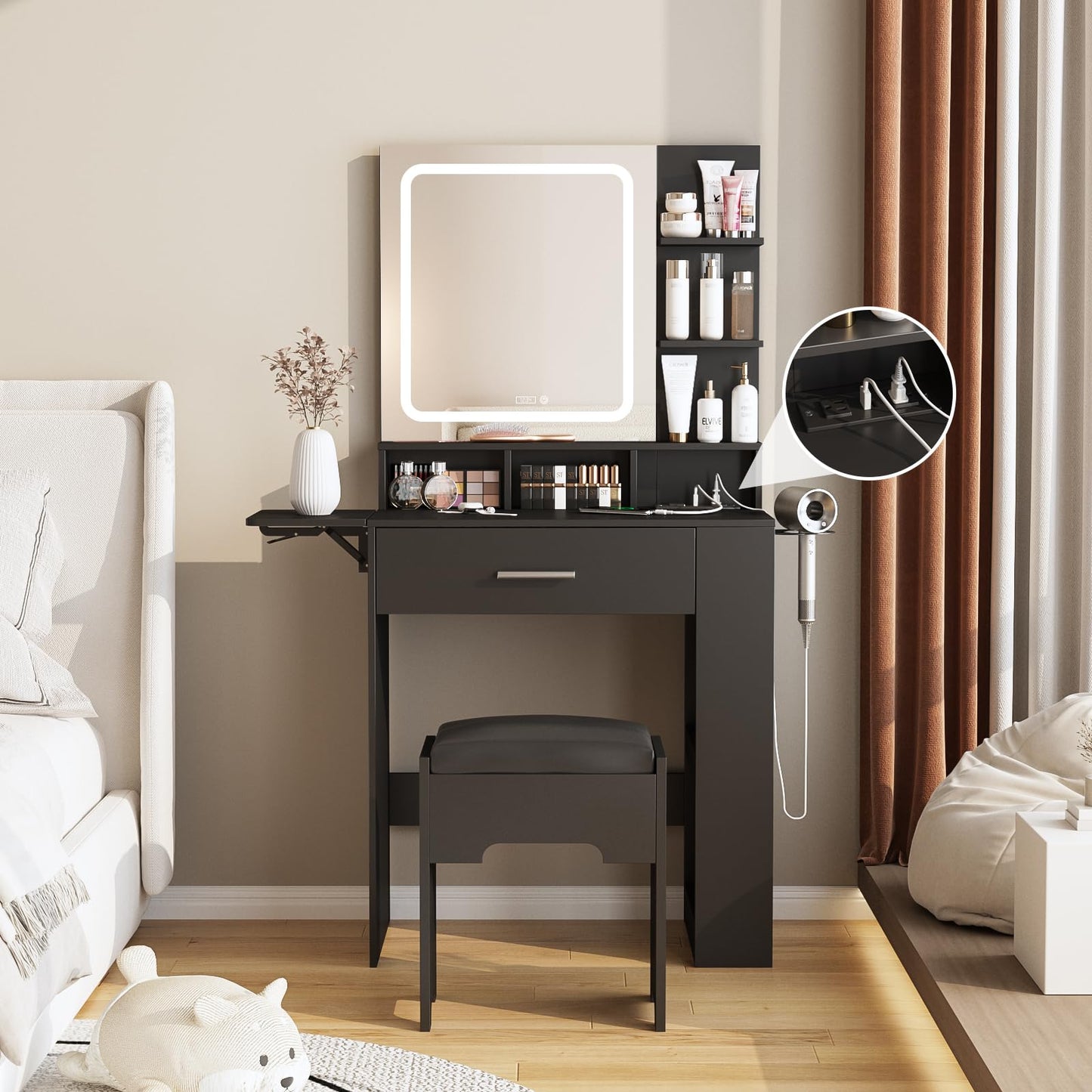 Fameill Vanity Desk with Mirror and Lights, Small Makeup Vanity with Drawer & Lots Storage Shelves, Black Dresser Table with Charging Station & Time Display, Vanity Set with Chair, for Bedroom