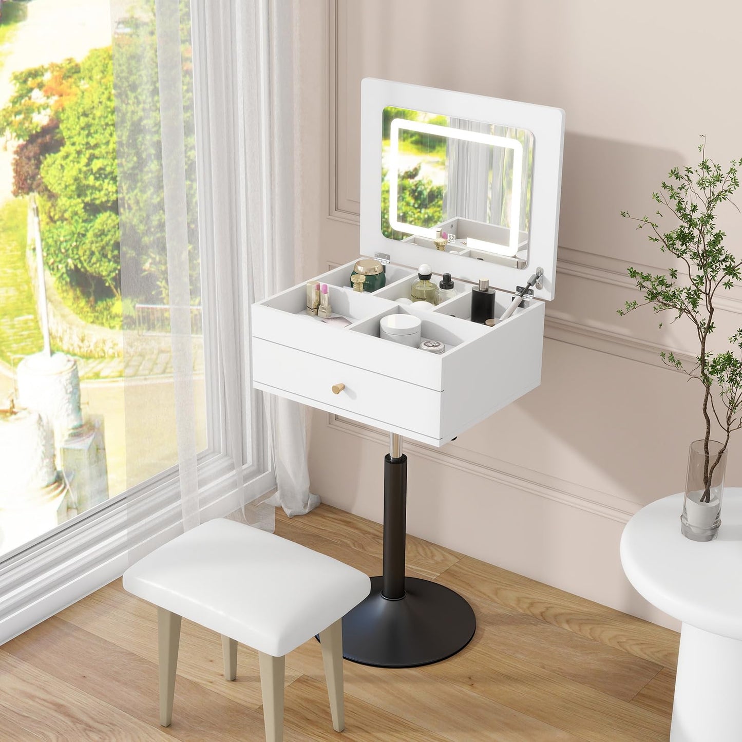 ARTETHYS Small Vanity Desk with Adjustable Height Rotating 3 in 1 Flip Top Makeup Vanity with Mirror and Lights Mini Corner White Dressing Table for Bedroom