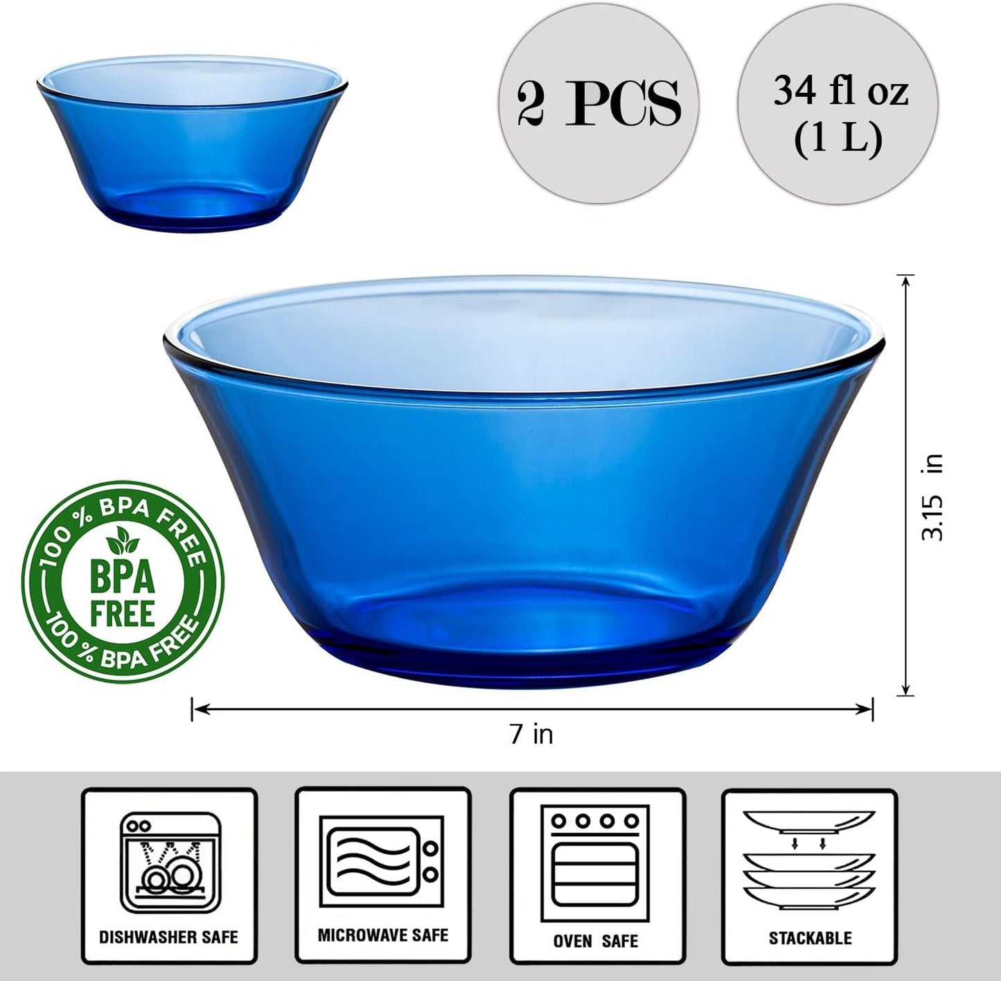 STP GOODS Glass Soup and Salad Bowl with Handles, Cobalt Transparent Glass Eating Plates, Circular Dinnerware for Salad, Bread, Dinner (Blue 2 pcs)