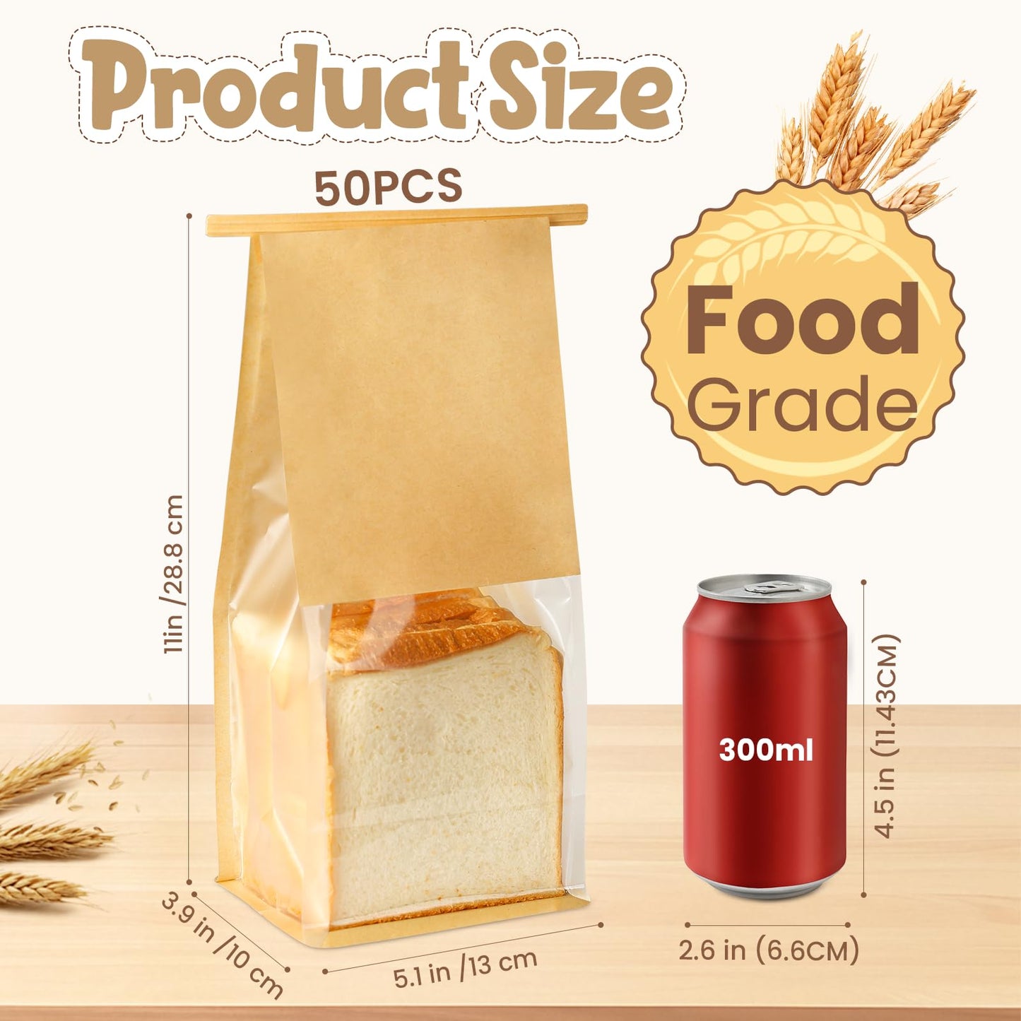 HONKID Bread and Cookie Bags with Seal, 50 Pack 11 x 5.1 x 3.9 Inches Bakery Bags with Window Reusable Tin Tie Tab Lock for Sealed Baked Goods Packaging for Pastry Bagels Breads Goodies Cookie Brown