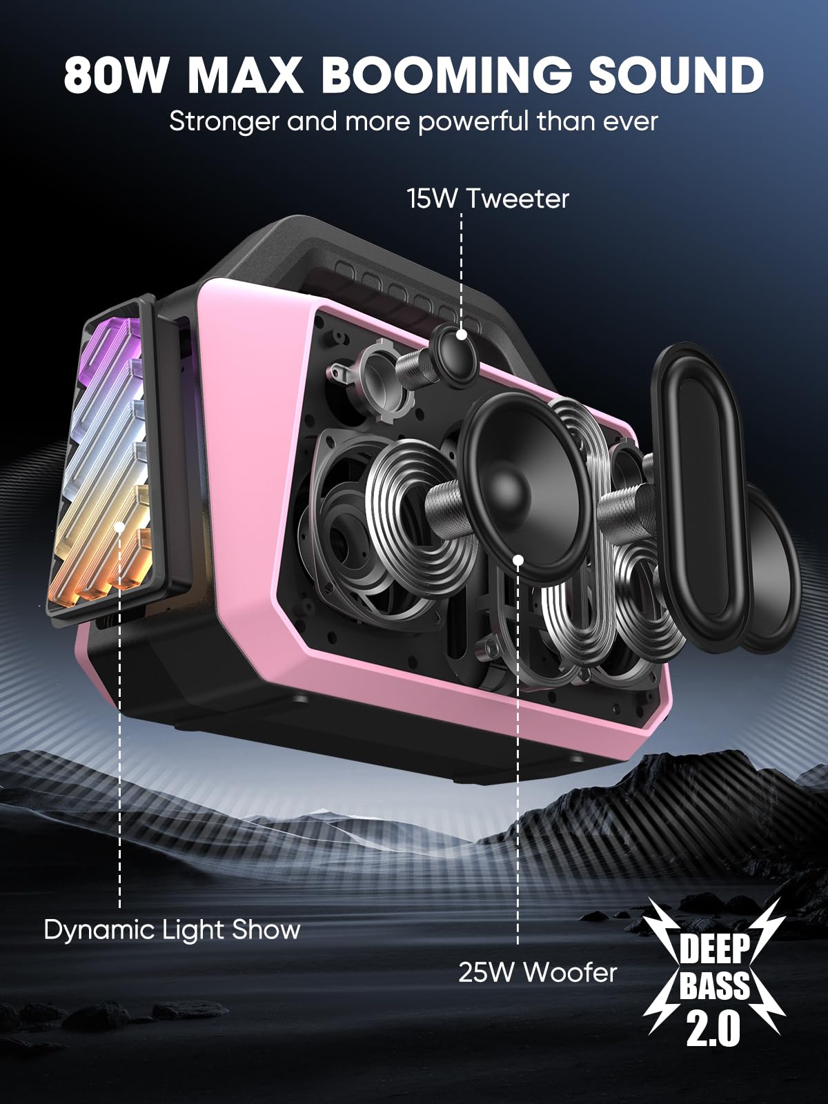 Tpwin Wireless Bluetooth Speakers - Portable Speaker 80W Peak, 20H Playtime, Light Shows, Loud Speaker With Strong Bass, Bt 5.3,