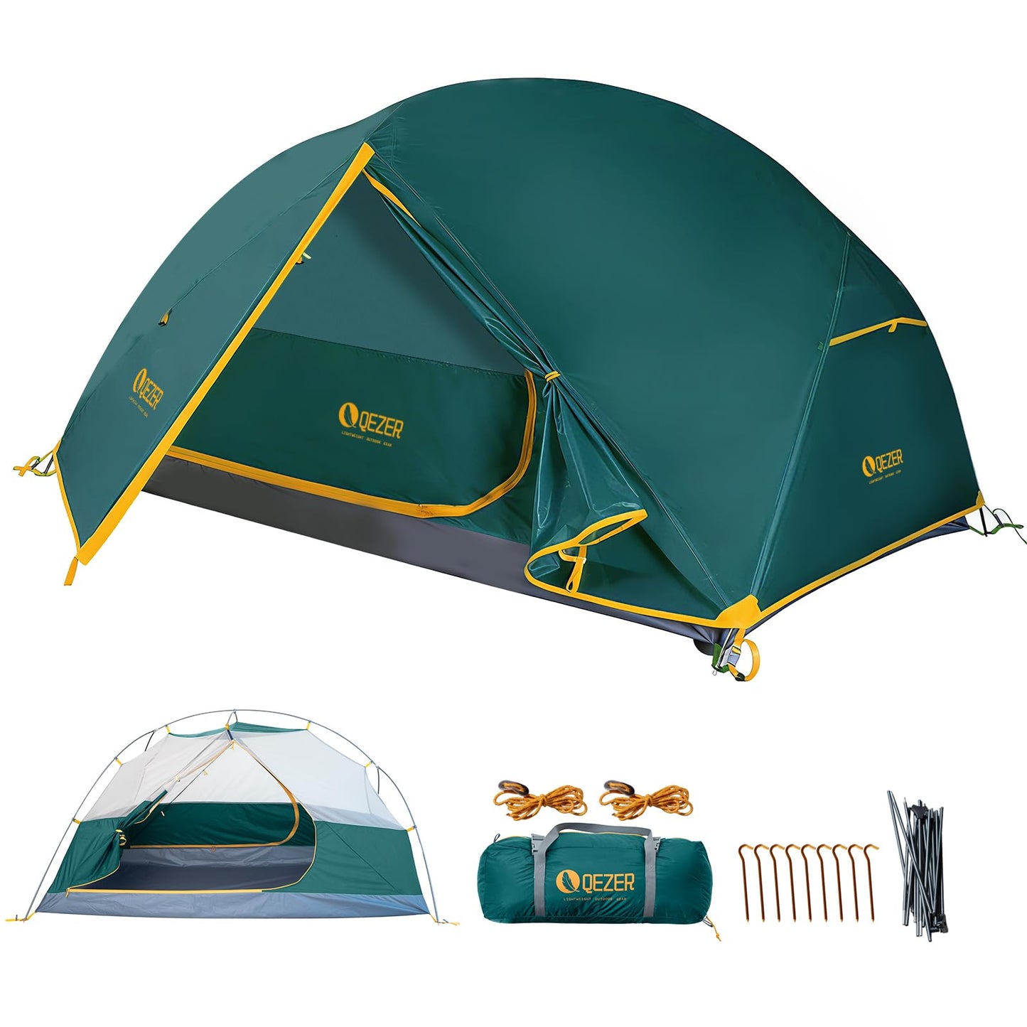 QEZER Camping Tent 1/2 Person Tents Windproof Portable Adults Tents for Camping Hiking Backpacking Traveling Easy Set up (Green, 2 Person)
