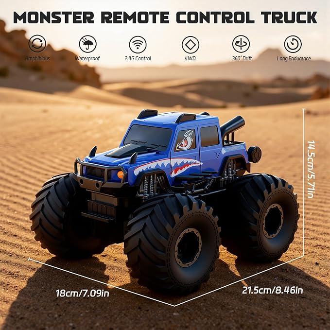 Amphibious Remote Control Trucks,2.4G 1:18 4WD All Terrain Off-Road Waterproof Monster RC Cars Pool Toys Hobby RC Vehicle Christmas Birthday Gifts for Kids Boys Girls 8 9 10 11 12+ Bule