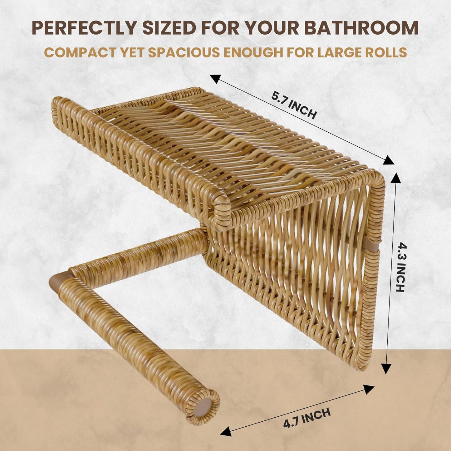 Synthetic Rattan Toilet Paper Holder with Shelf – Fits Mega Rolls, Boho Bathroom Decor Roll Holder for RV, Washroom, Kitchen – Water-Resistant Woven Tissue Dispenser (Natural, Screw Mount)