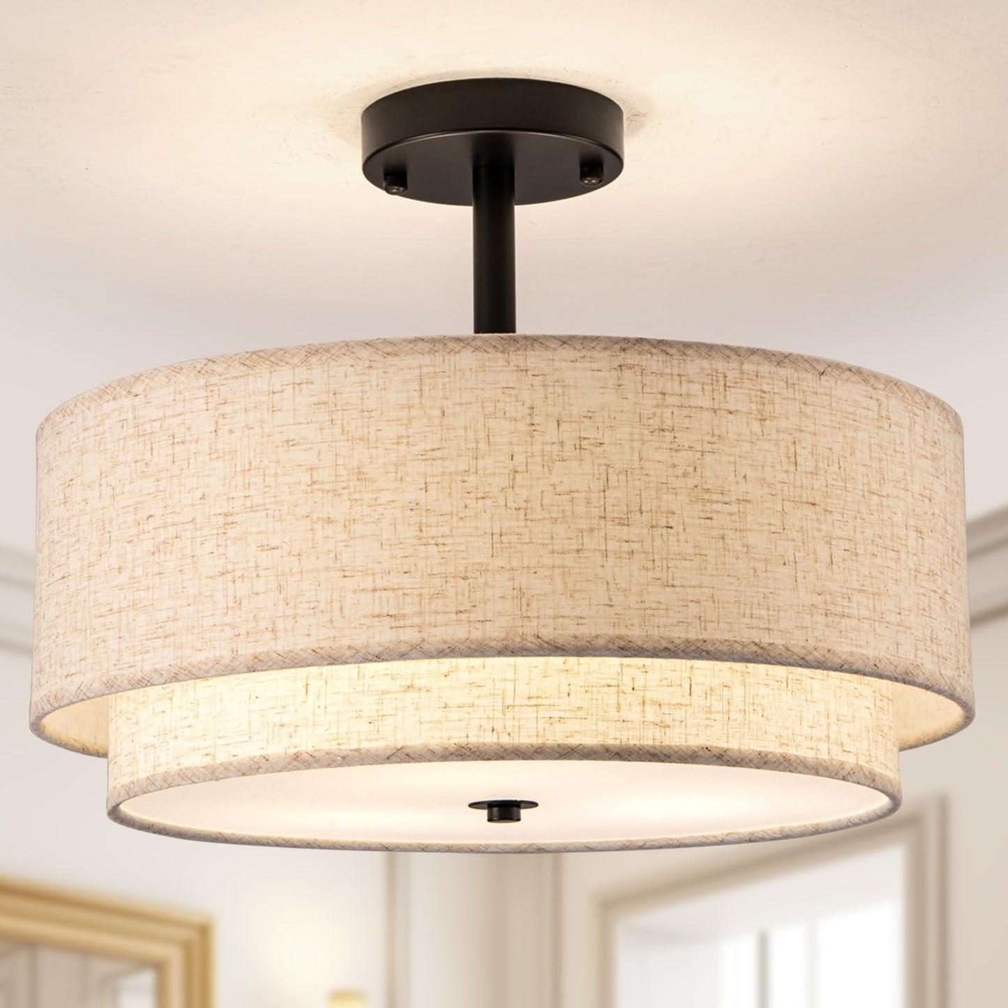 Aufrichting Drum Semi Flush Mount Ceiling Light, 16 inch 3 Lights Ceiling Light Fixture with 2-Layer Fabric Shade, Black Farmhouse Drum Ceiling Lighting for Bedroom Hallyway Dining Room Kitchen