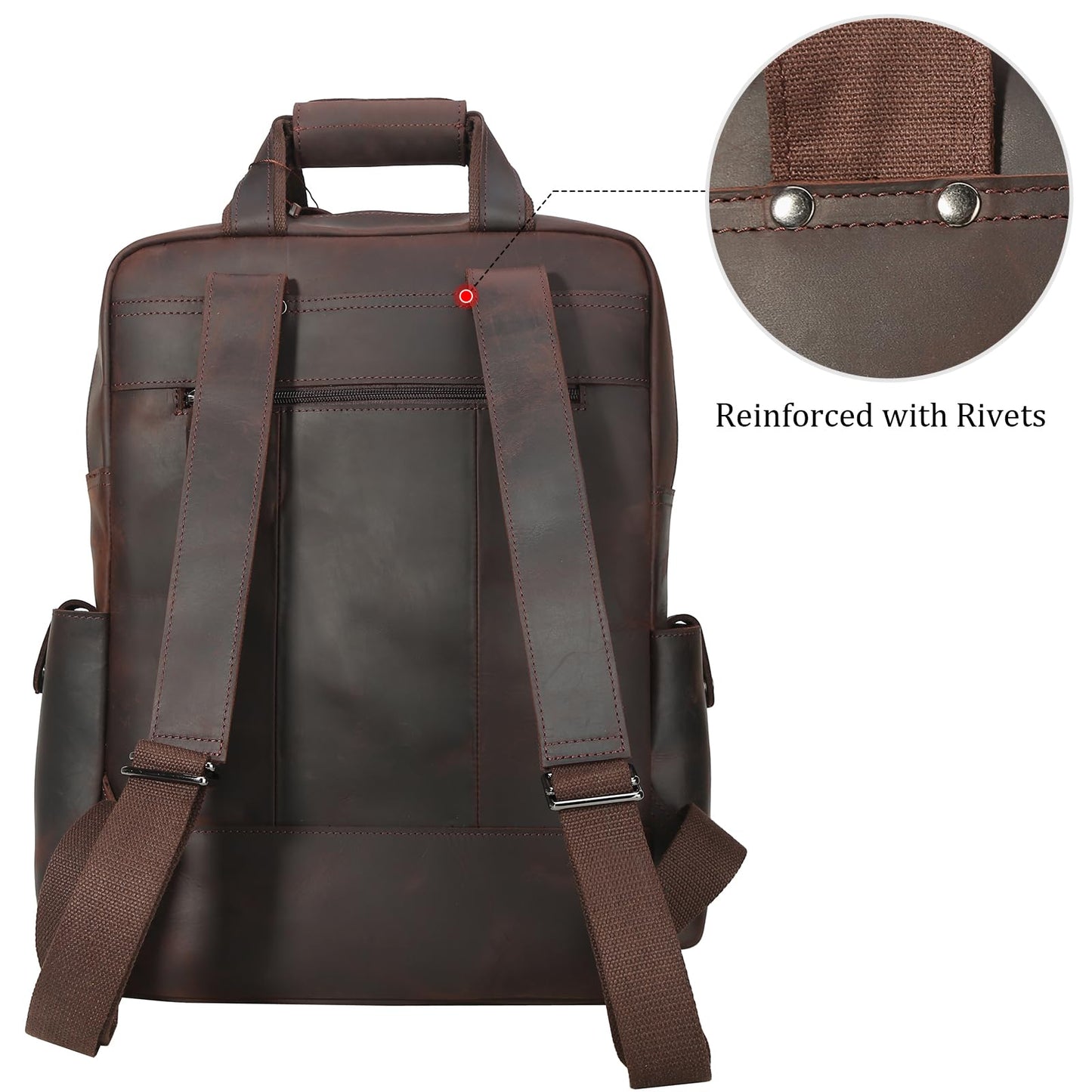 Polare Cowhide Leather Multiple Laptop Backpack Day pack Travel Bag Satchel with YKK Metal Zippers