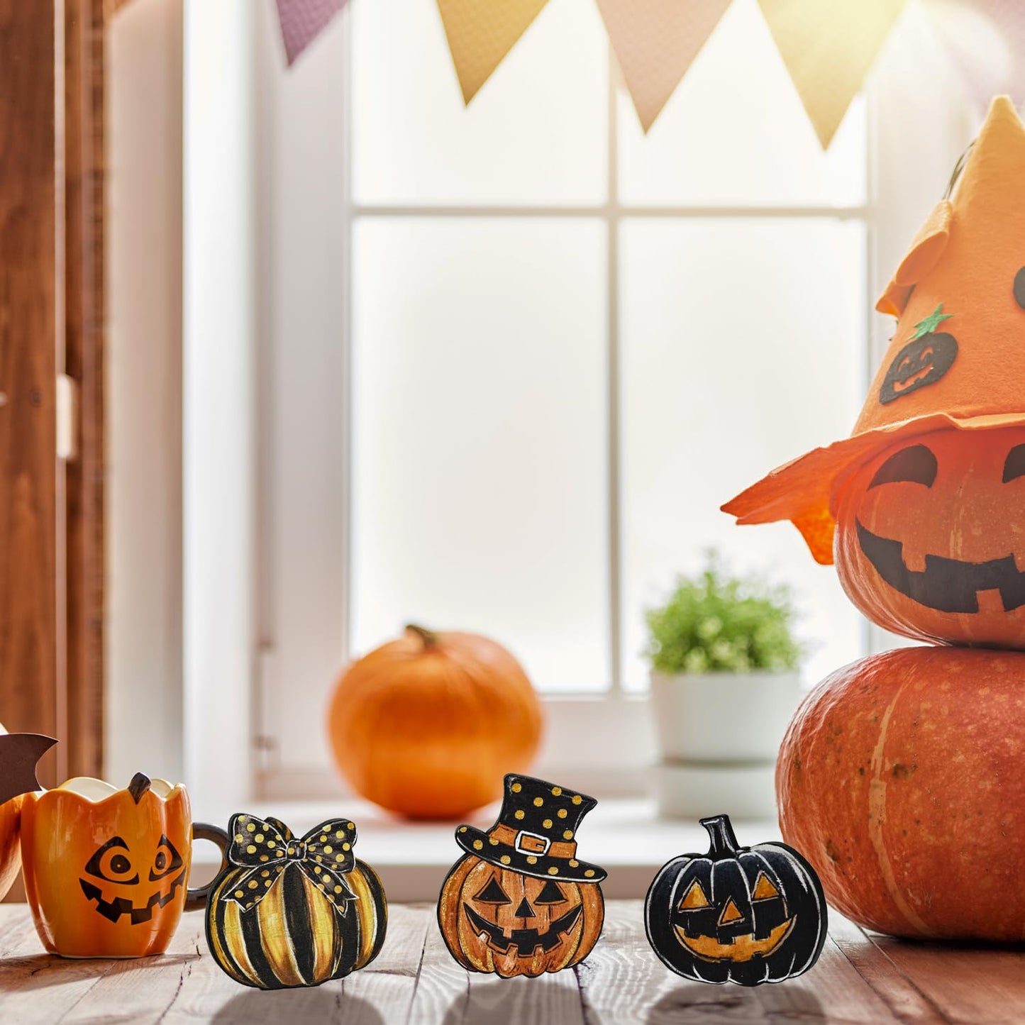 Smile 3 Pcs Wooden Blocks Signs, Happy Halloween Pumpkin Tiered Tray Decorations, Indoor Decor for Kitchen Bathroom and Home Table Shelf