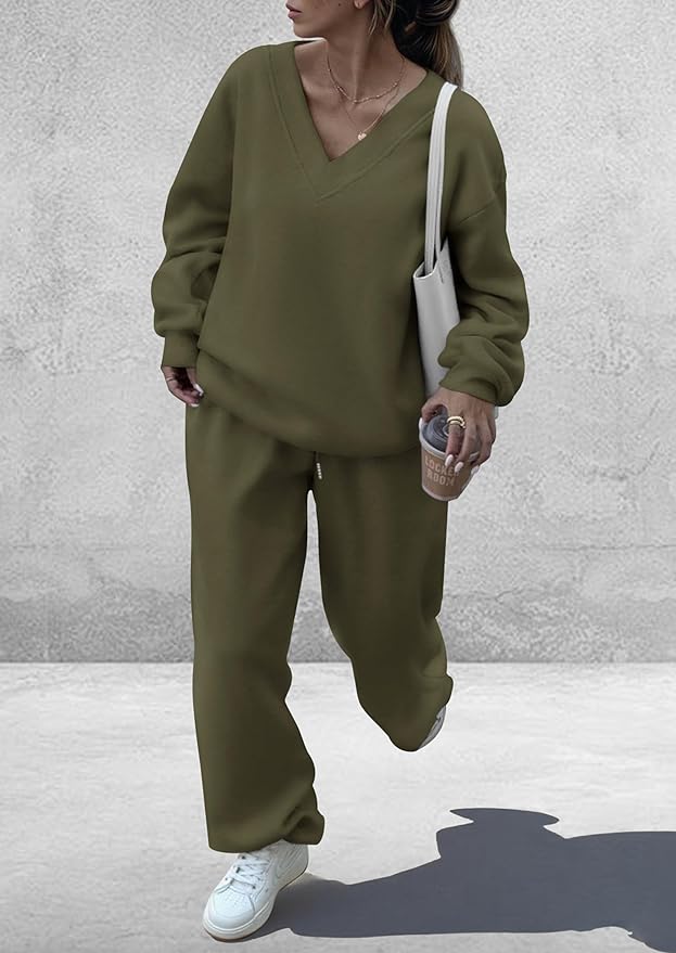 PRETTYGARDEN Casual Winter Two Piece Sets for Women 2026 V Neck Sweatshirt Loose Wide Leg Pants Tracksuit Knit Fall Outfits