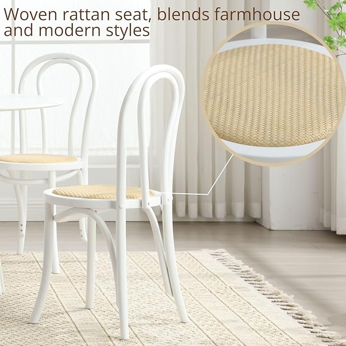 DM Furniture Rattan Dining Chairs Set of 2 Mid-Century French Bistro Chairs Solid Bentwood Wedding/Cafe Chairs with Backrest for Dining/Kitchen Room No Assembly Required, Home, White