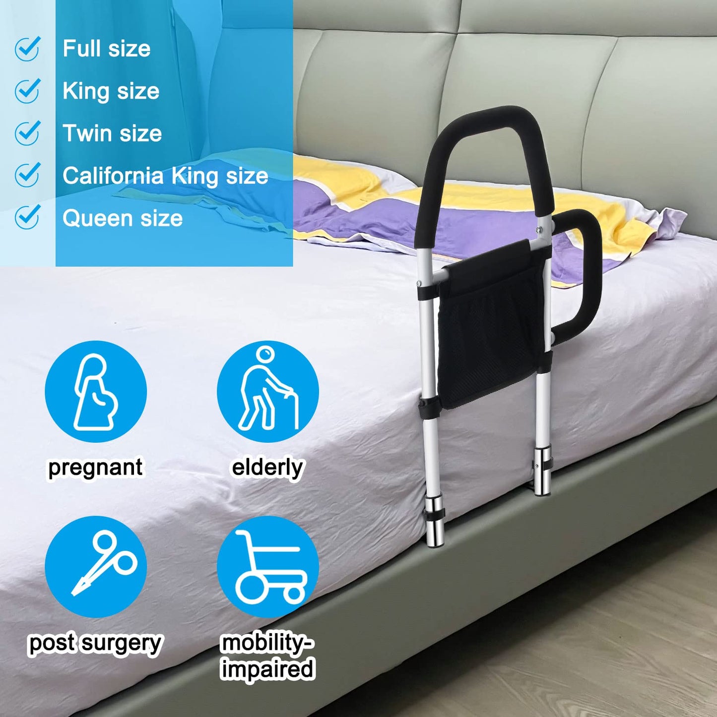 Pletpet Bed Rails for Elderly Adults, Bed Assist Rails for Seniors with 2 Grab Bars & Storage Pocket & Fall Prevention Guard, Fits King, Queen, Full, Twin Bed, Support Up to 300lbs