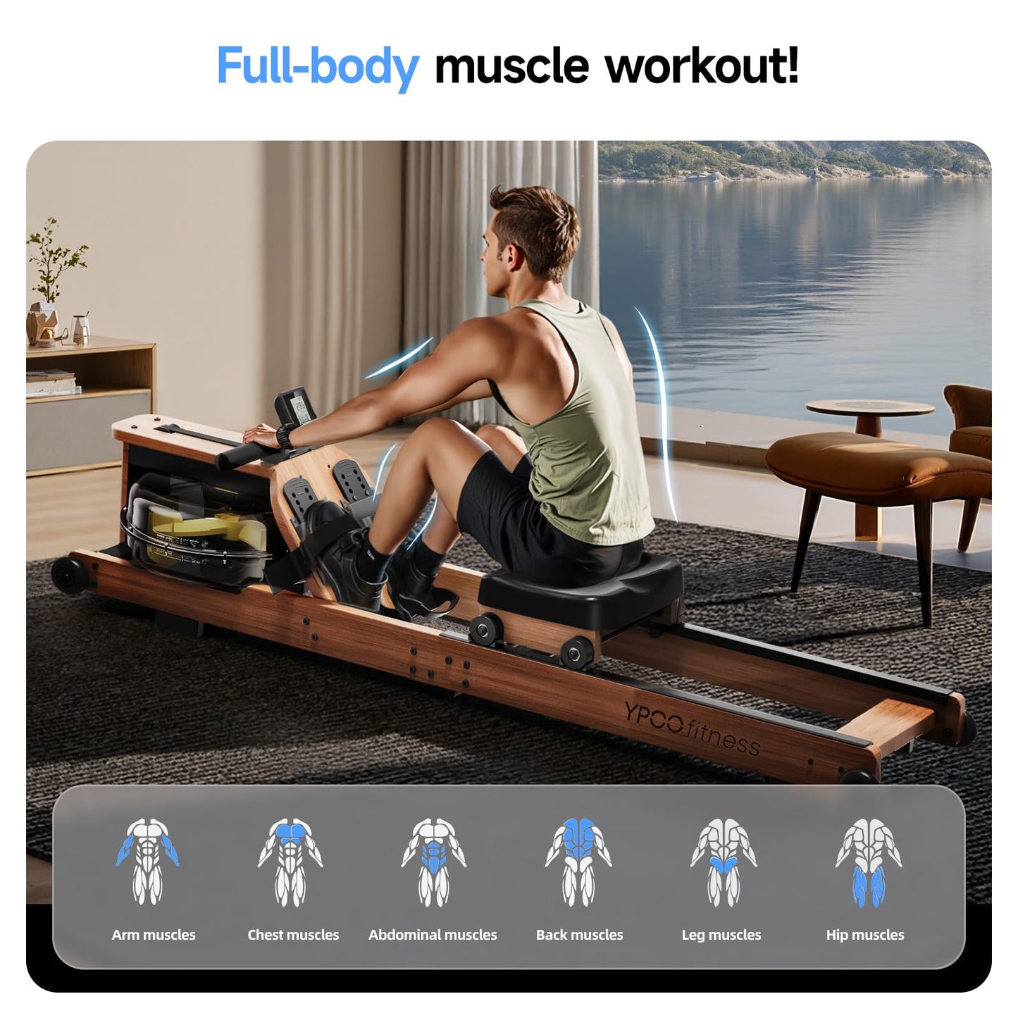 YPOO Water Rowing Machine for Home, Foldable Rower Machines with Comfortable Seat and Quick-Folding Design, Wooden Water Rower with 350LBS Weight Capacity