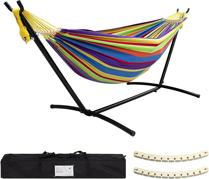 SZHLUX Double Hammock with Stand Included 450lb Capacity Steel Stand, Premium Carry Bag Included.Indoor Outdoor Brazilian-...