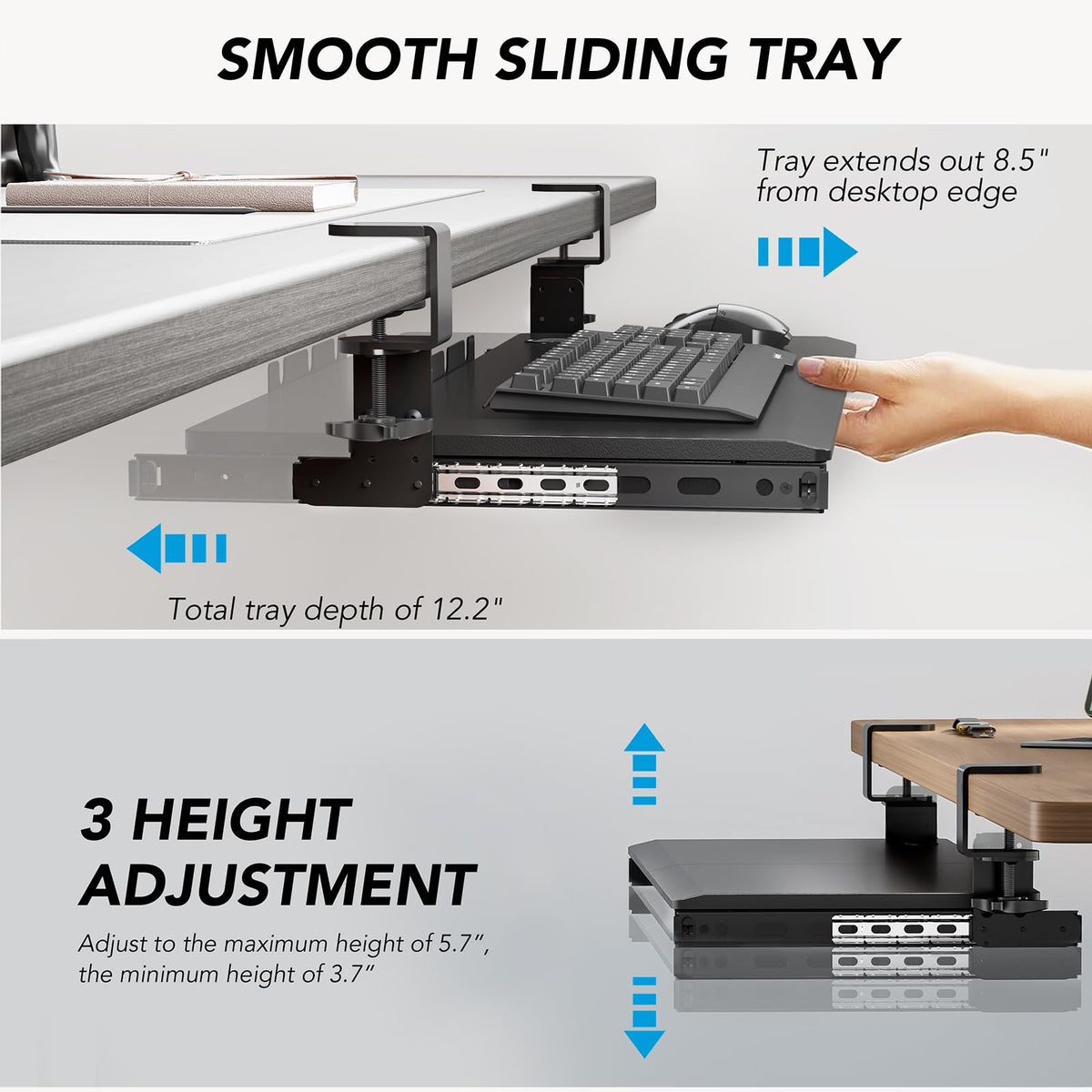 Keyboard Tray Under Desk Pull Out with Extra Sturdy C Clamp Mount System, 27.3 (32.5 inch Including Clamps) x 11 Inch Slide-Out Platform Computer Drawer for Typing Black AX01WB01