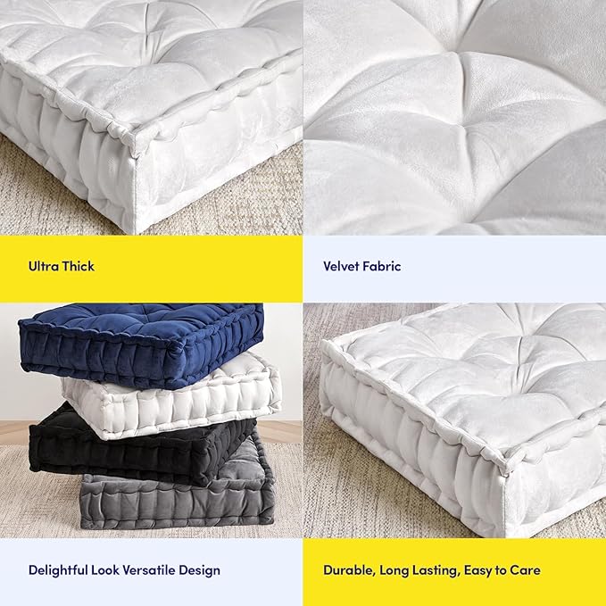 Floor Pillow Large Square Tufted Decorative Cushion 20" x 20" Faux Velvet Fabric Ultra Thick Fill for Kids and Adults, 1 Pack, Ivory