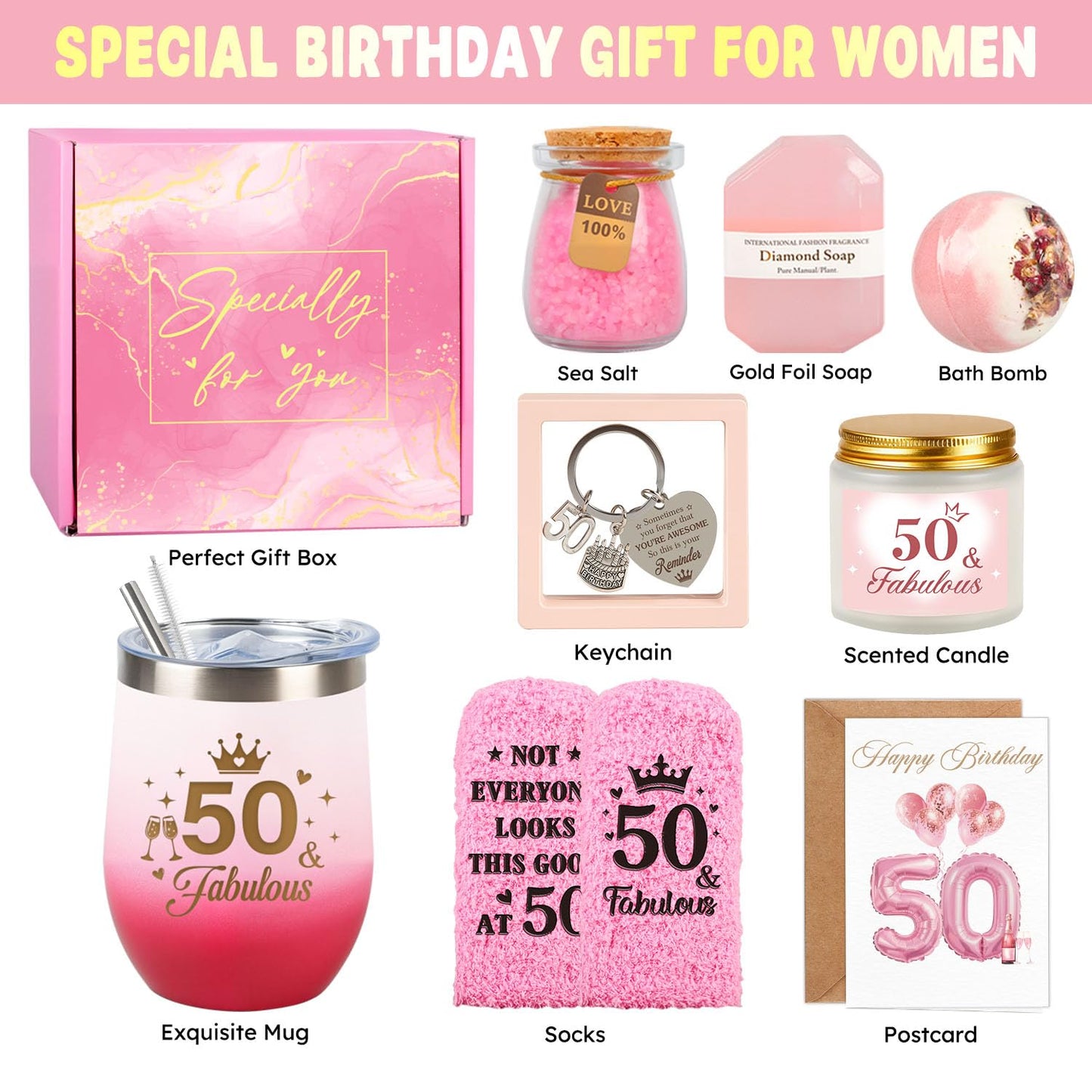 50th Birthday Gifts for Her, 50th Birthday Gifts for Women Self Care Relaxing Spa Basket Fabulous 50 Year Old Birthday Gift for Her 50 Year Old Gift Presents Ideas for Mom Wife Sister Friend Coworker