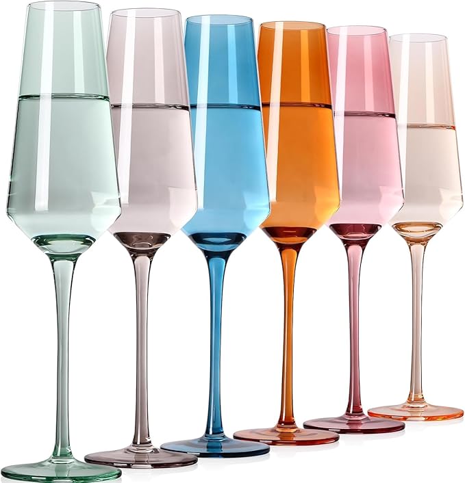 TrophyToast Colored Champagne Flutes Set of 6, Large 8 Oz【Hand Blown】 Crystal Wine Glasses, Lead-Free Colored Wine Glasses...