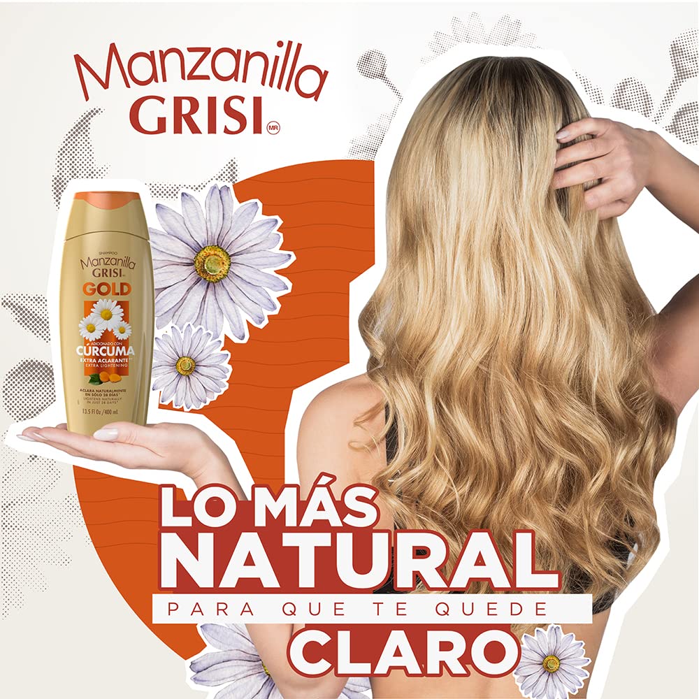 Manzanilla Grisi Gold Extract Lightening Shampoo, Extra lightening and glowing effect hair, with Chamomile Flower Extract and Tu