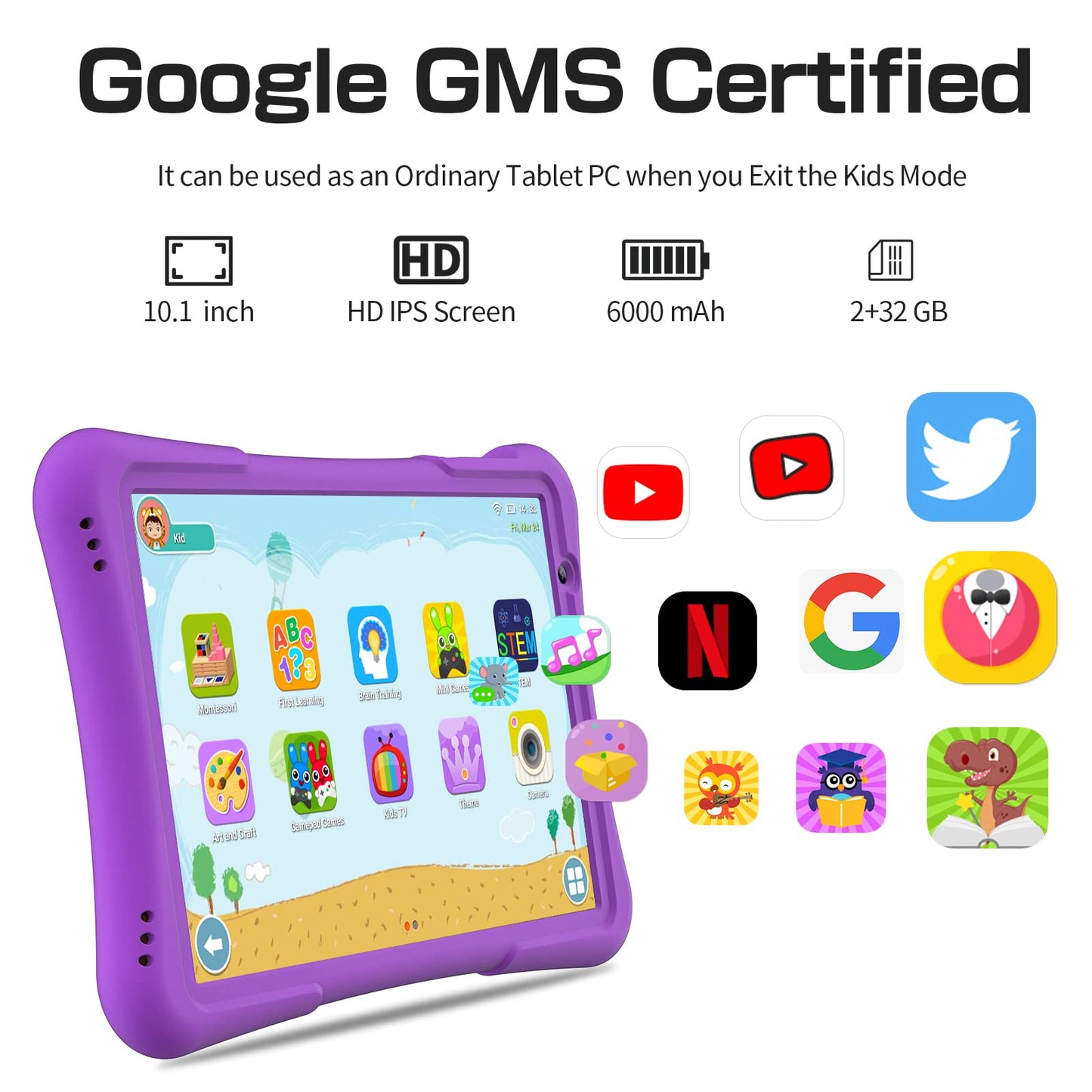 Pritom 10 Inch Kids Tablet Android 14 Tabletas 32Gb, Quad-Core, 6000Mah, Large Hd Ips Display, Wifi 6, Dual Camera, Bluetooth, T