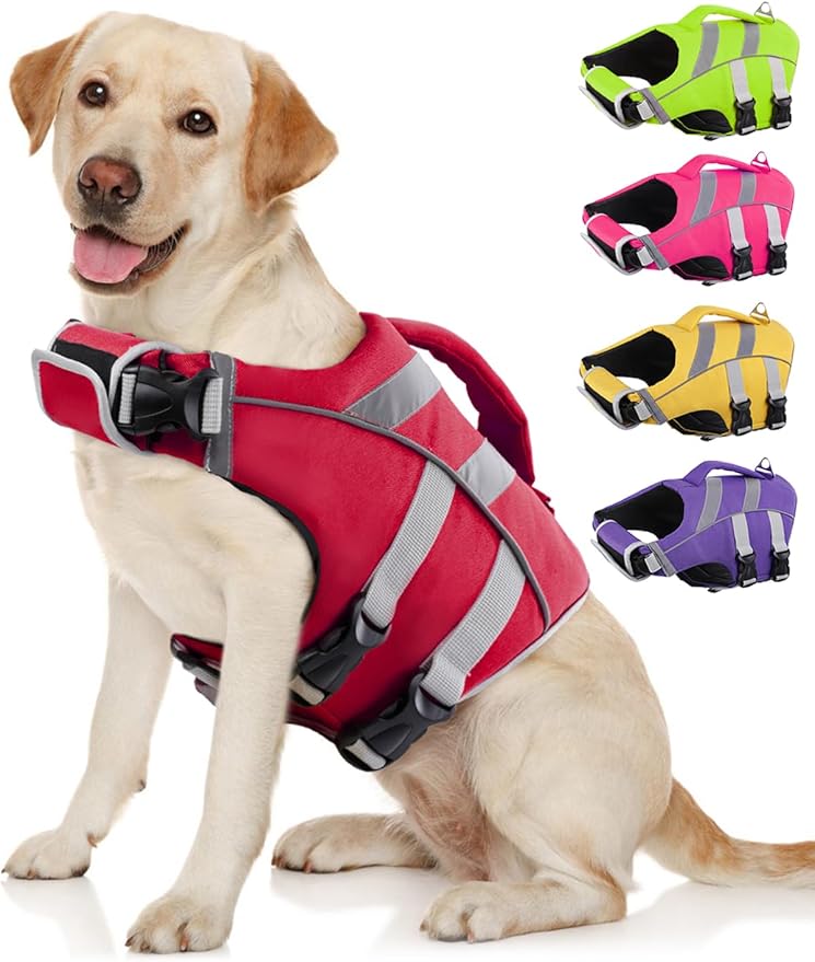 Kuoser Dog Life Jacket with Reflective Stripes - Adjustable High Visibility Vest, Ripstop Lifesaver, Pet Preserver with Hi...