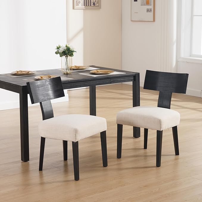 DM Furniture Farmhouse Dining Chairs Set of 4, Linen Fabric Upholstered Kitchen Chairs with Black Distressed Wooden Legs, Comfy Armless Side Chairs for Dining Room/Restaurant, Beige-Black Legs